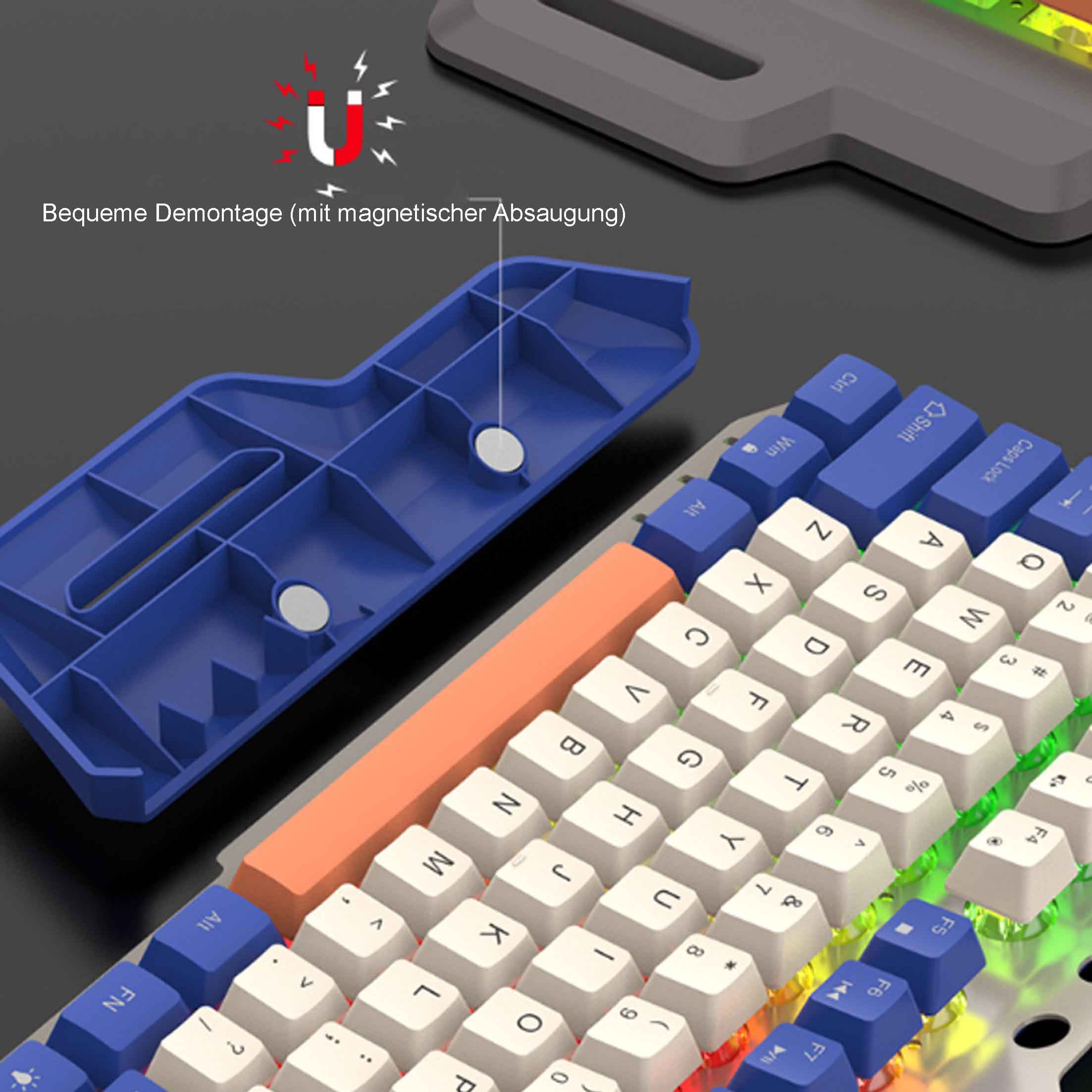 Klawiatura z kolorowymi klawiszami i magnetycznym narzędziem. Narzędzie niebieskie, klawiatura czarna.