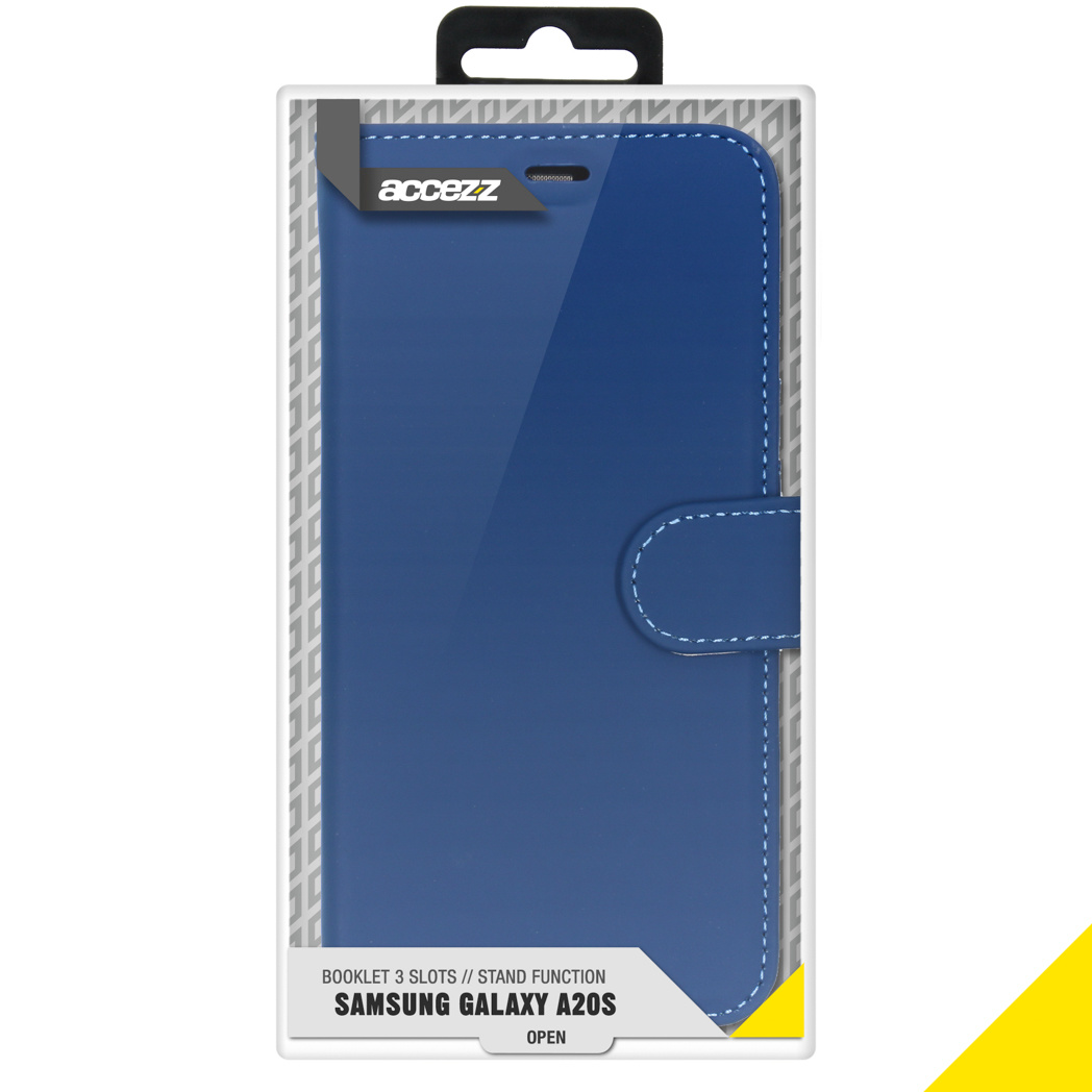 Blue phone case in packaging. The case is open and contains a phone.