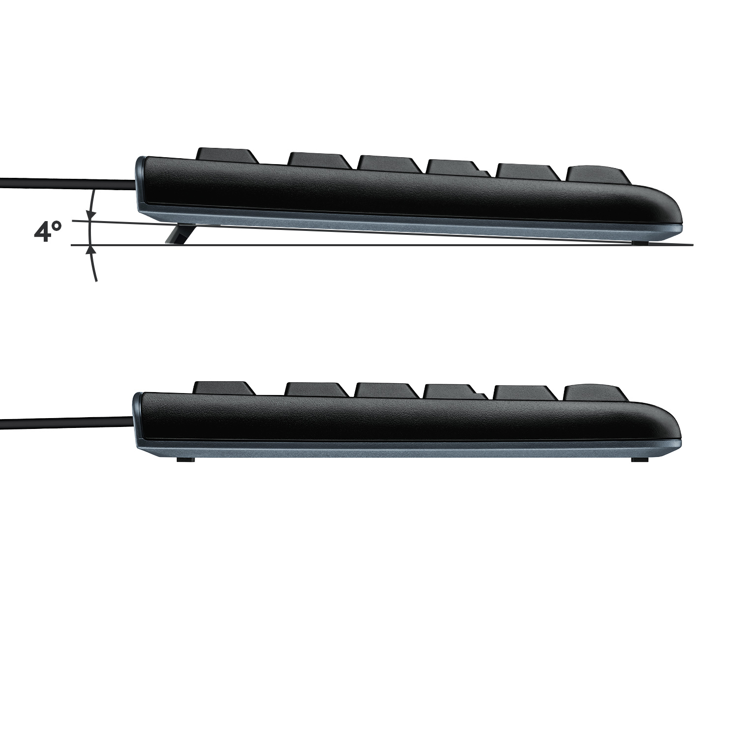 Dwa obrazy klawiatur, pokazujące kąt nachylenia klawiszy. Kąt wynosi 4 stopnie.