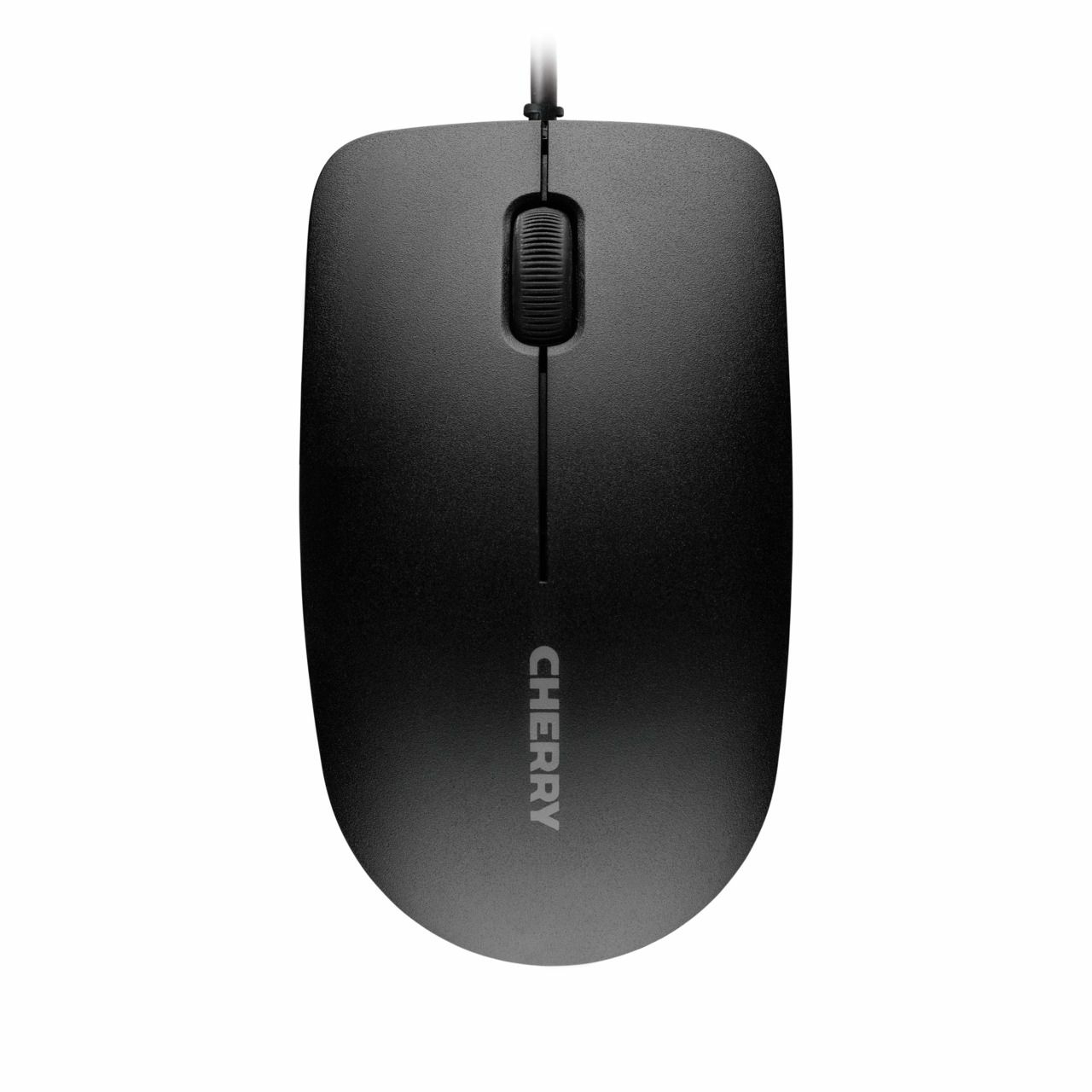 Mouse Cherry nero con cavo. Il mouse ha un design aerodinamico.