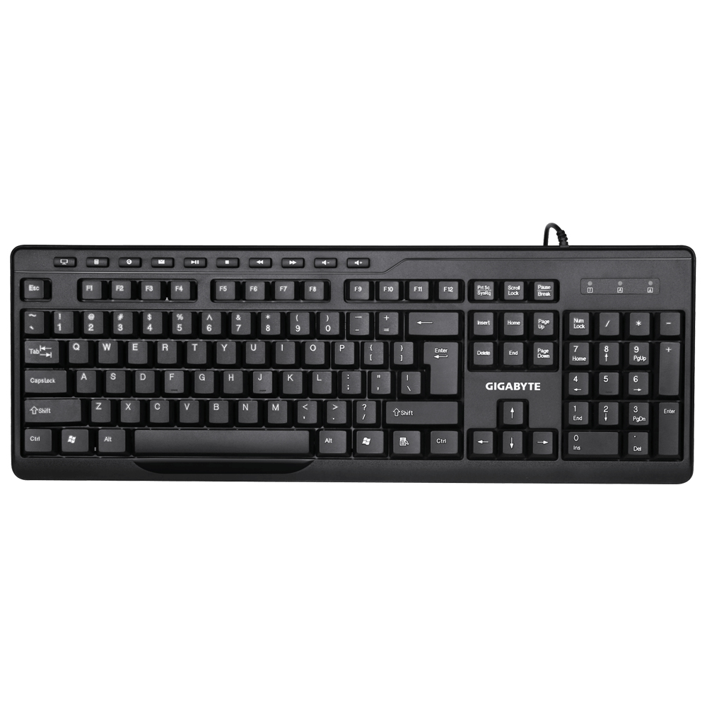 Tastiera nera con tasti e tasti funzione, marchio Gigabyte. È su sfondo bianco.