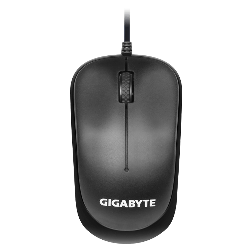 Mouse Gigabyte nero con rotella di scorrimento e cavo.
