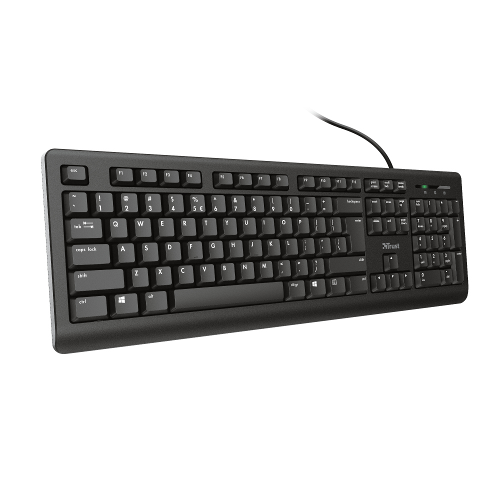 Schwarze Tastatur mit Standardlayout, weißer Schrift und Kabel.