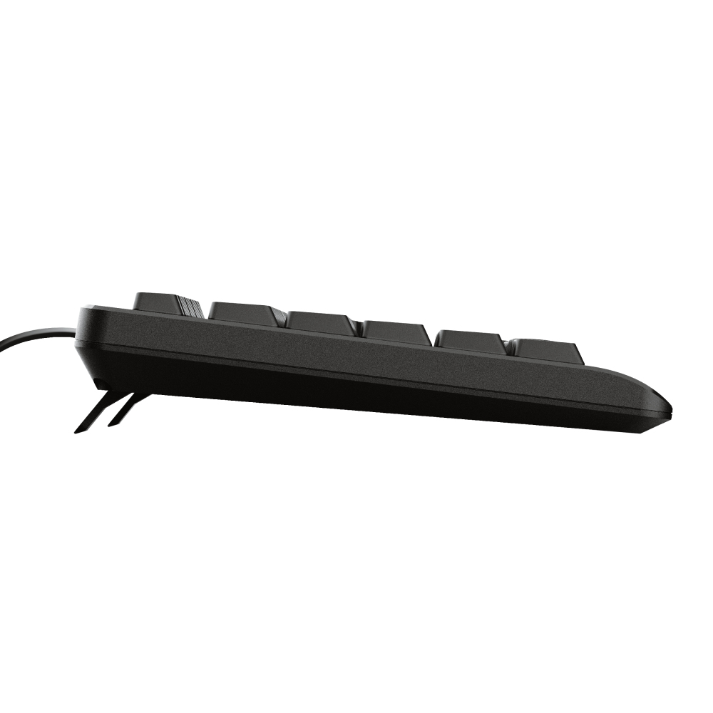 Seitenansicht einer schwarzen Tastatur. Die Tasten sind sichtbar.