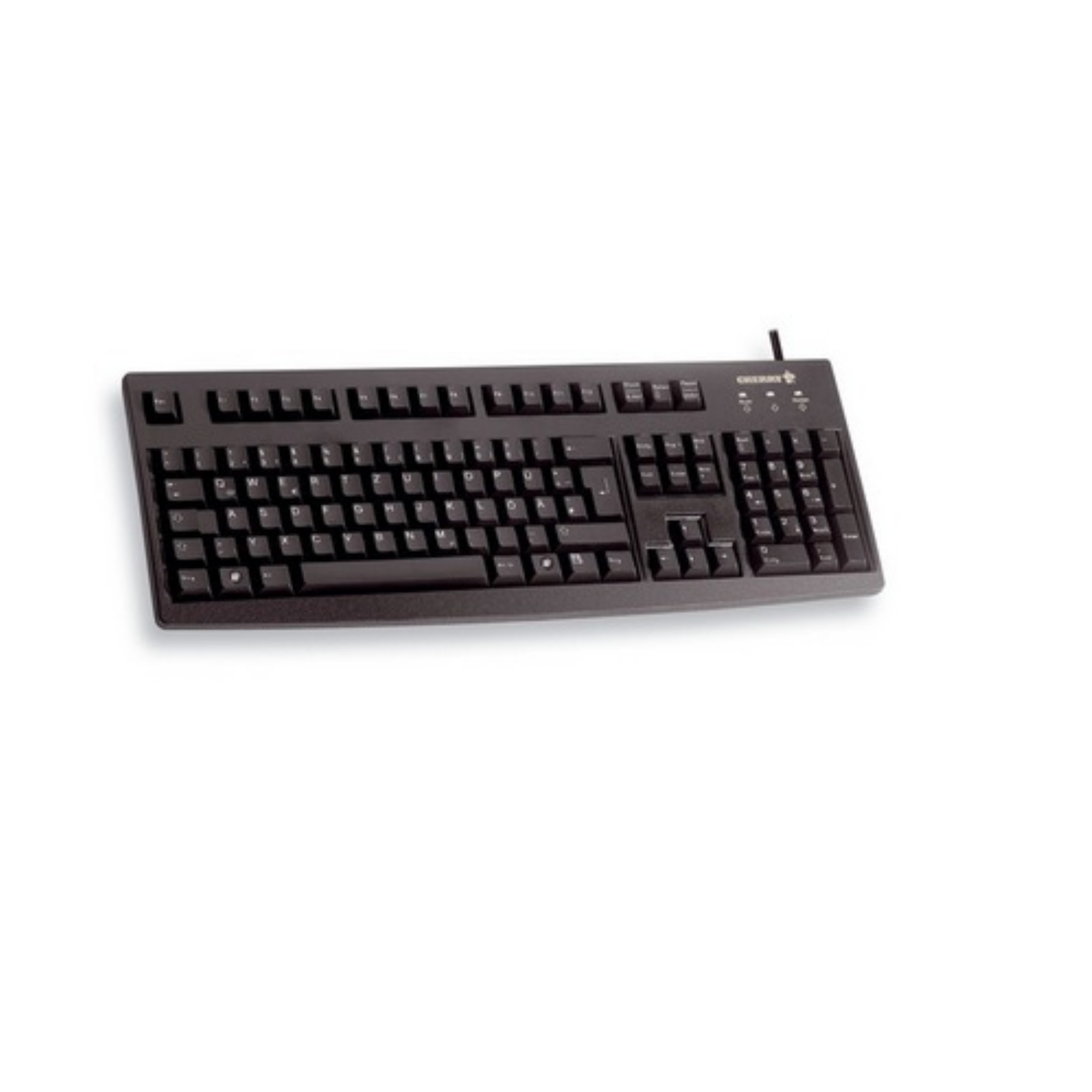 Tastiera Cherry nera, vista dall'alto. I tasti sono a layout standard, con il marchio Cherry visibile.
