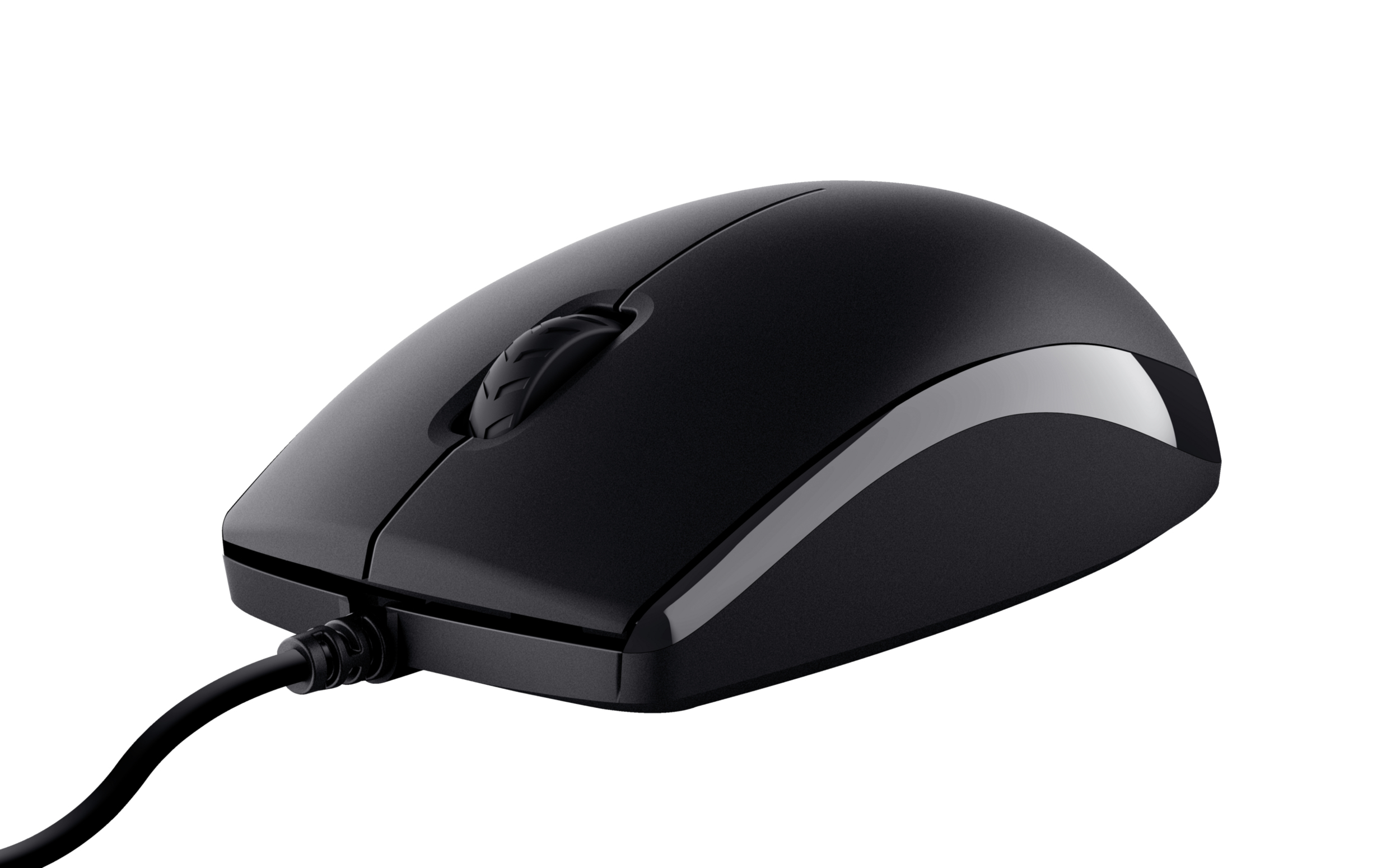Mouse nero con cavo. Il design è semplice ed ergonomico.