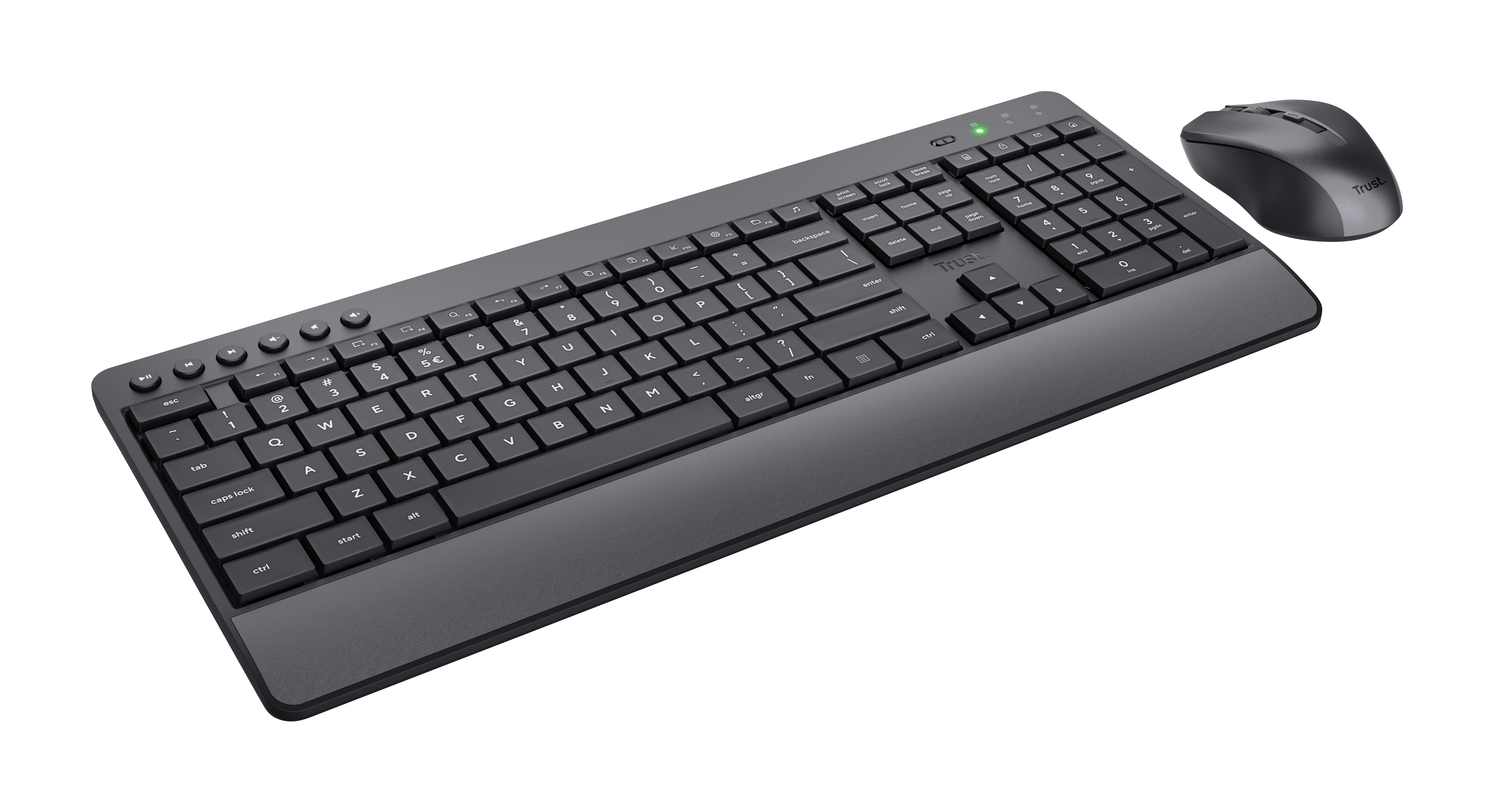 Schwarzes Tastatur- und Maus-Set. Tastatur mit Standardtasten, Maus rechts.