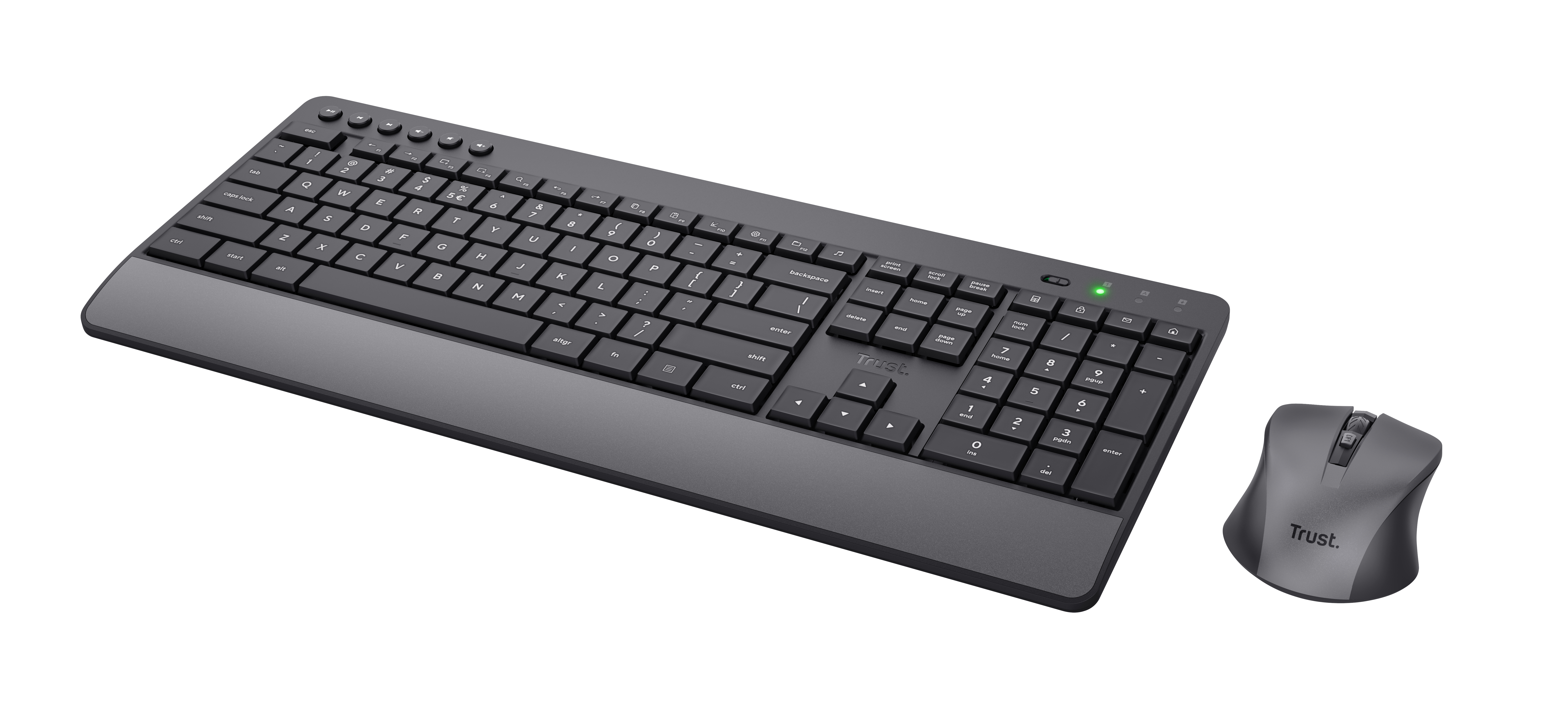 Graue Trust-Tastatur und -Maus. Die Tastatur und Maus haben schwarze Tasten mit weißen Buchstaben. Weißer Hintergrund.