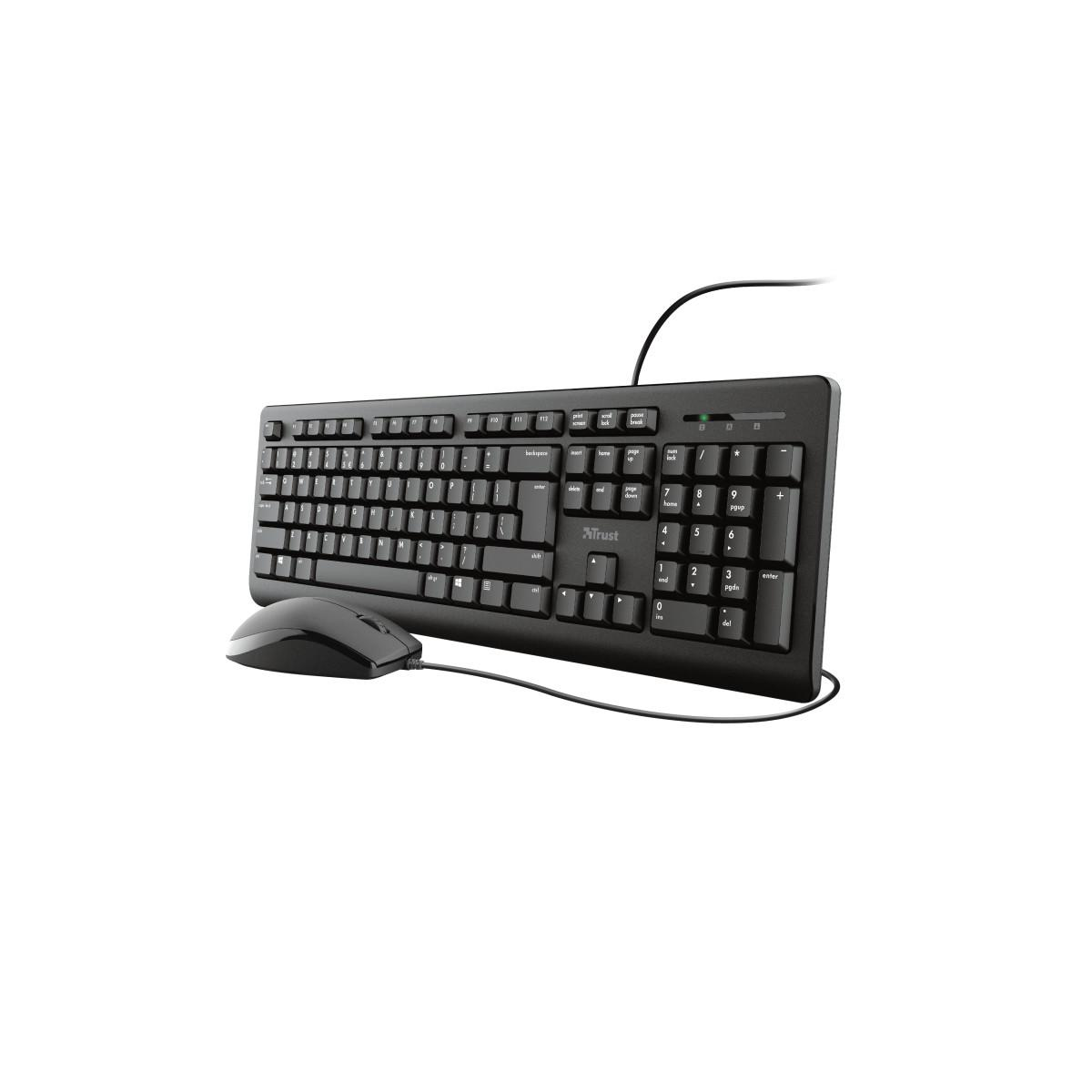 Schwarzes Tastatur- und Maus-Kombiset. Die Tastatur hat ein Standard-Layout, die Maus ist kabelgebunden.