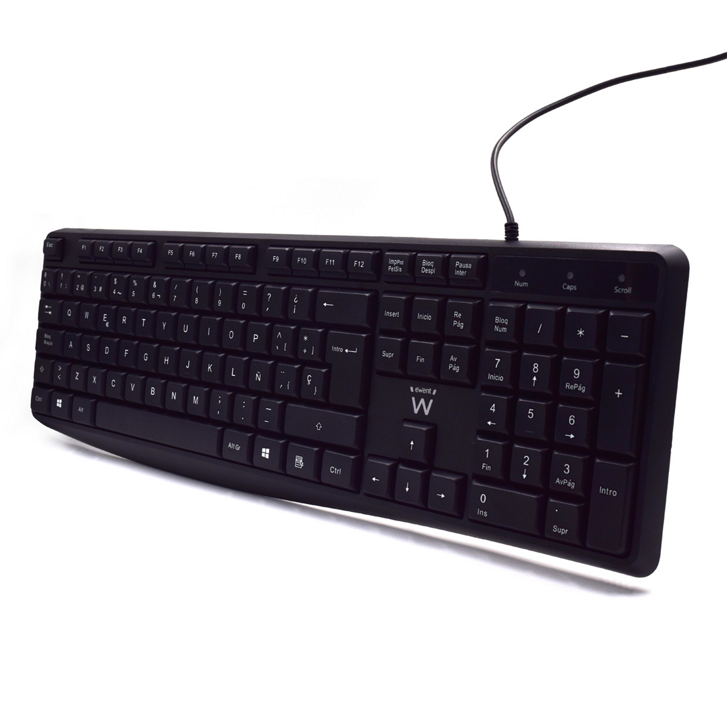 Schwarze Tastatur mit weißen Buchstaben. Einfaches Design, schwarzes Kabel, weißer Hintergrund.