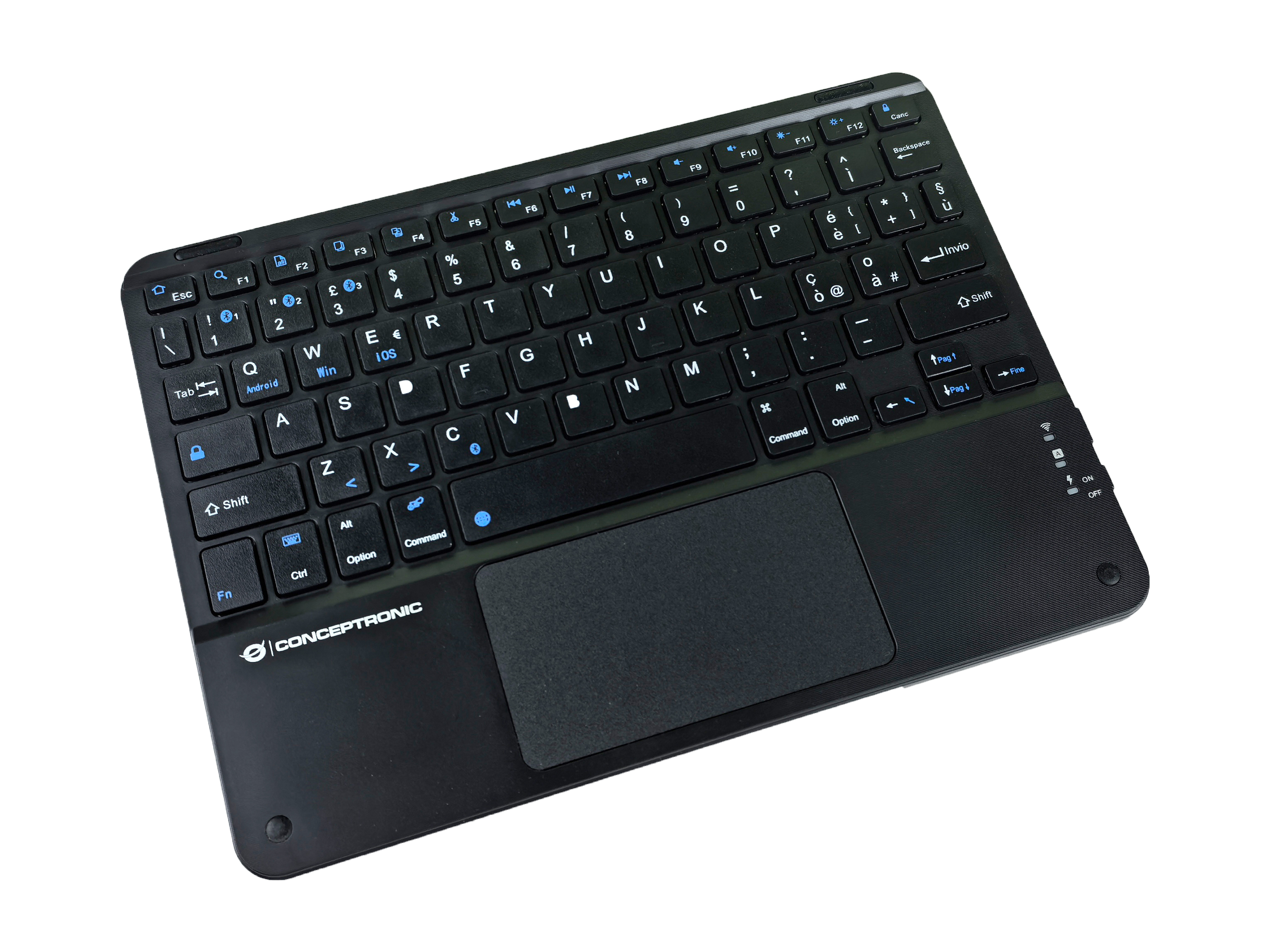 Zwart draadloos toetsenbord met een touchpad. Het toetsenbord heeft de standaardtoetsen.