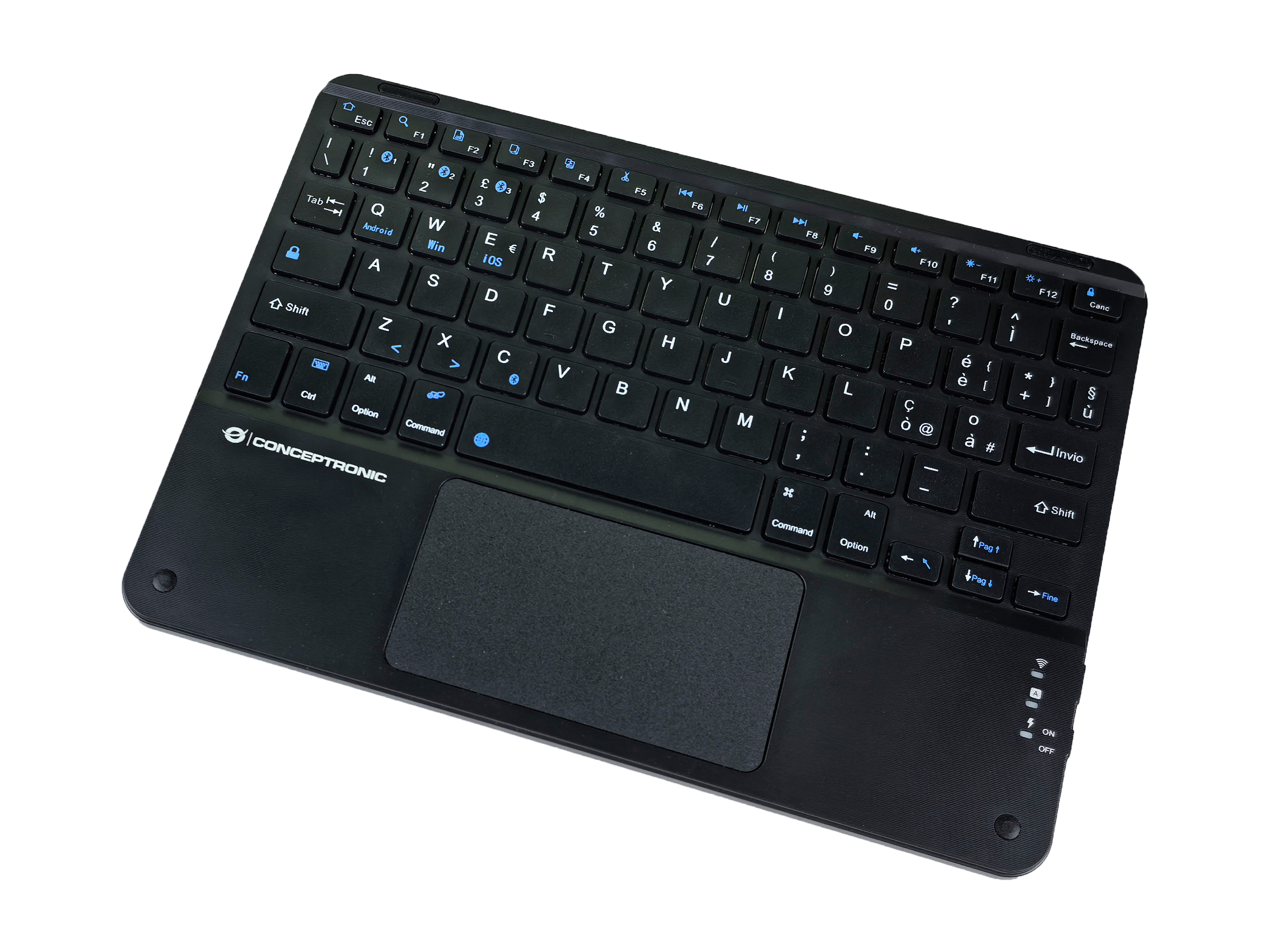 Zwart toetsenbord met touchpad, tegen een witte achtergrond.