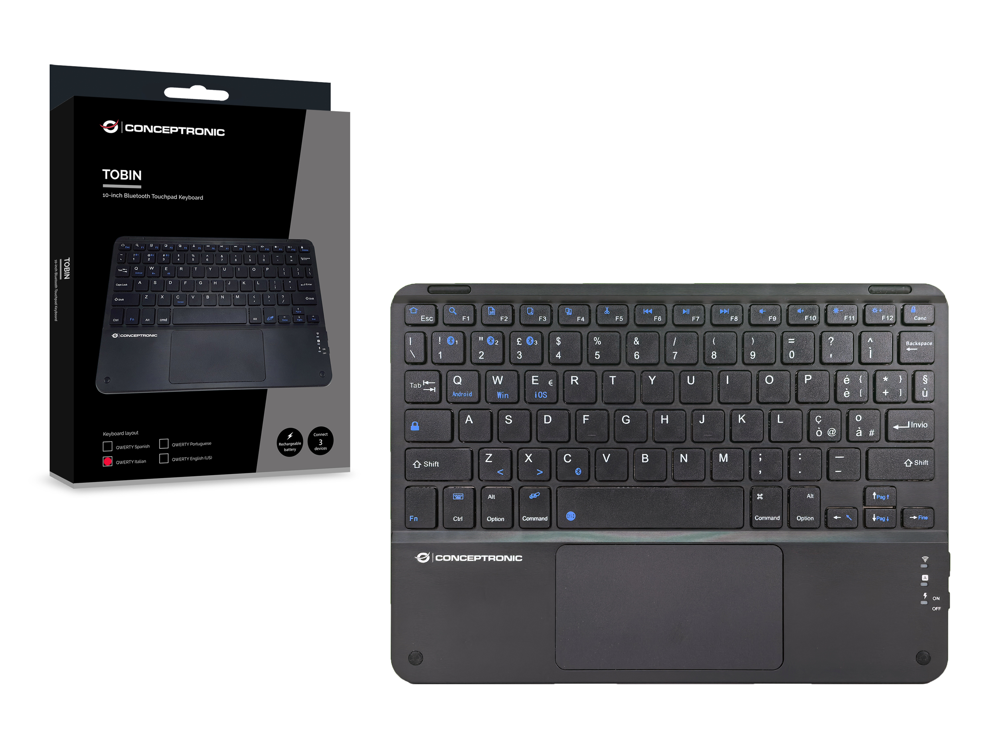 Zwart toetsenbord en doos op een witte achtergrond. Het toetsenbord heeft een touchpad. De doos is zichtbaar.