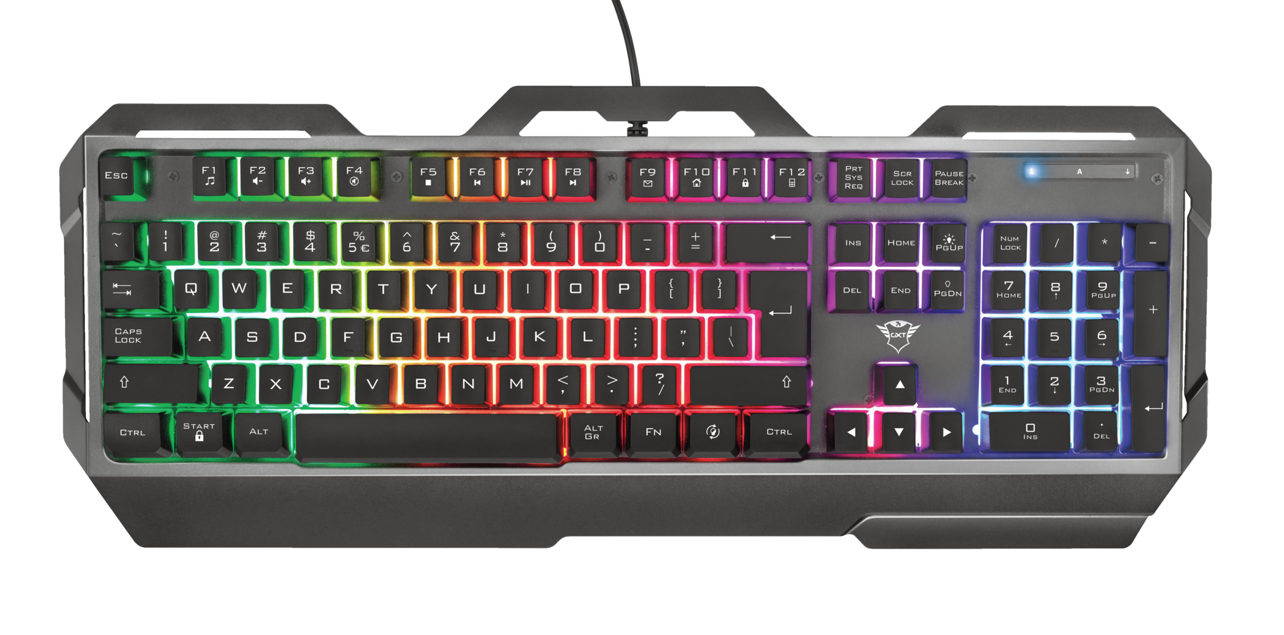 Una tastiera da gioco con illuminazione RGB. I tasti sono neri e il telaio grigio. Un cavo la collega.