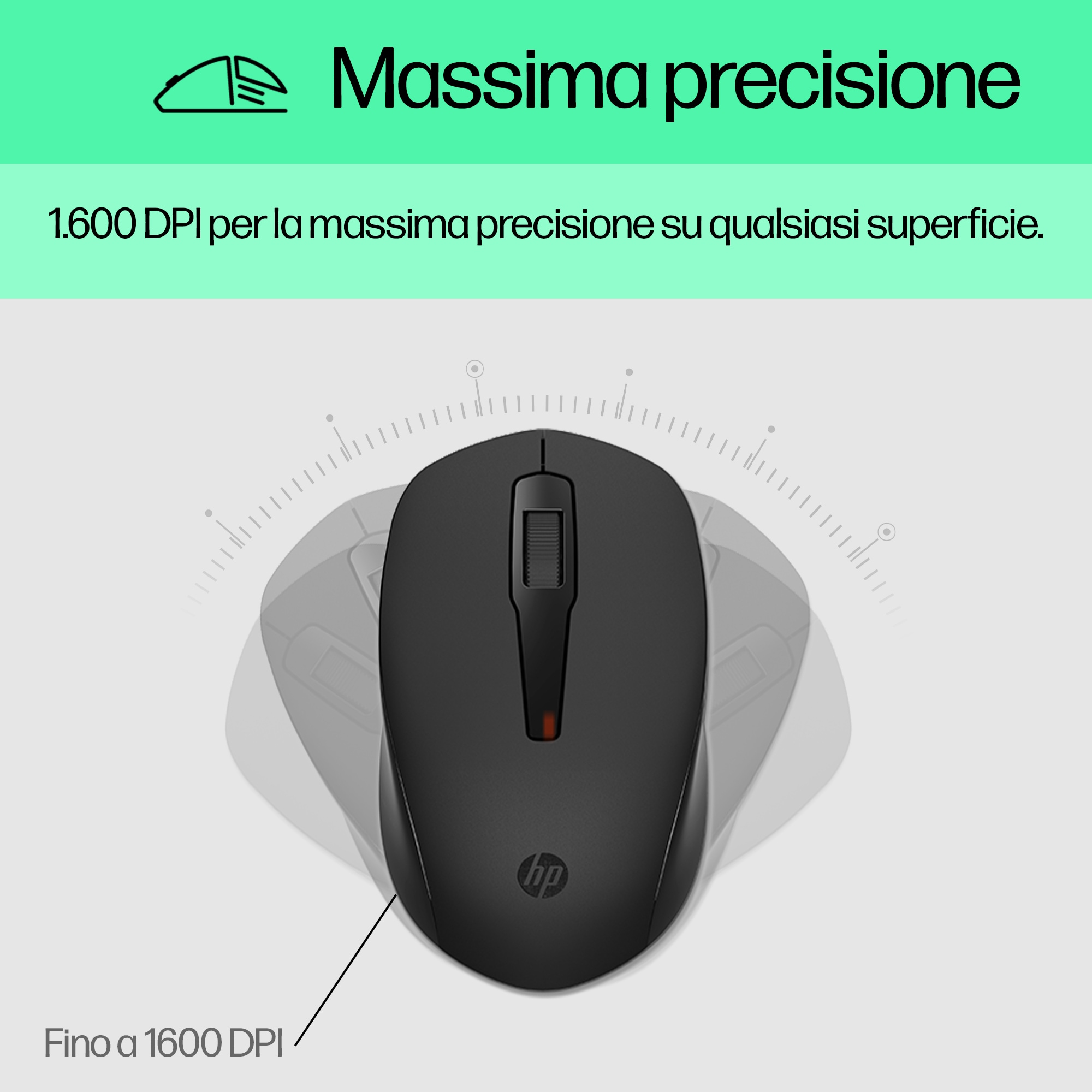 Czarna mysz z czerwonym światłem i tekstem 'Fino a 1600 DPI'. Mysz znajduje się na jasnym tle.