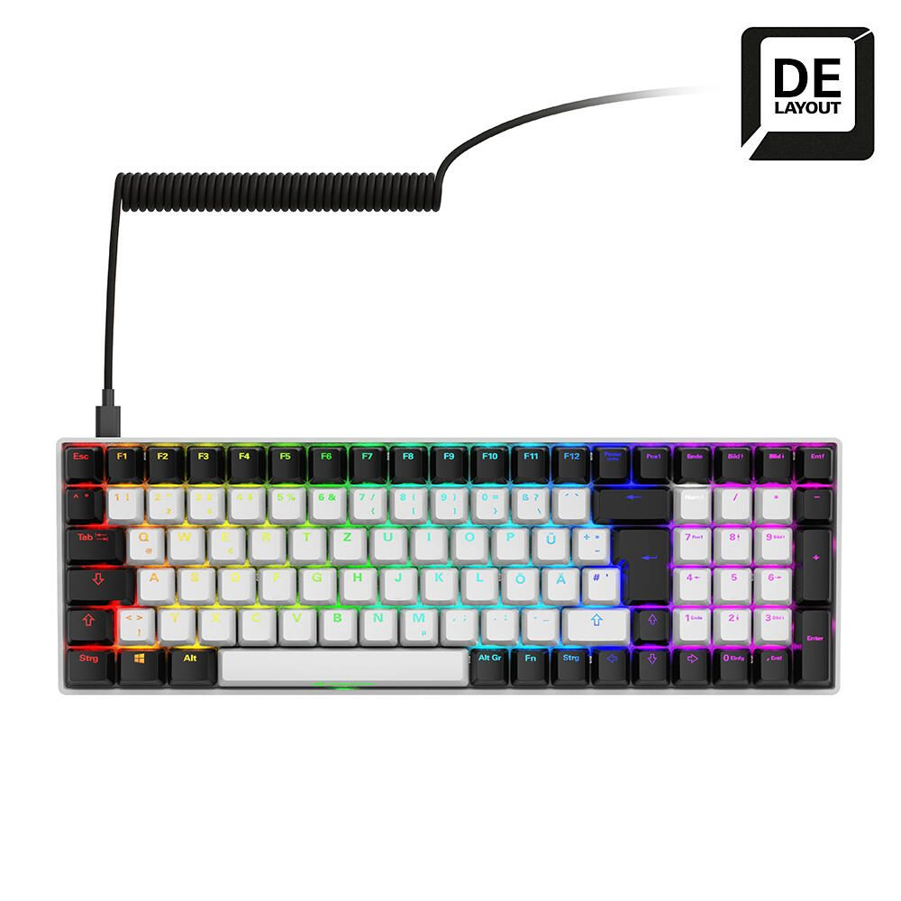 Tastiera meccanica nera e arcobaleno. Tasti bianchi con illuminazione colorata. Layout DE.