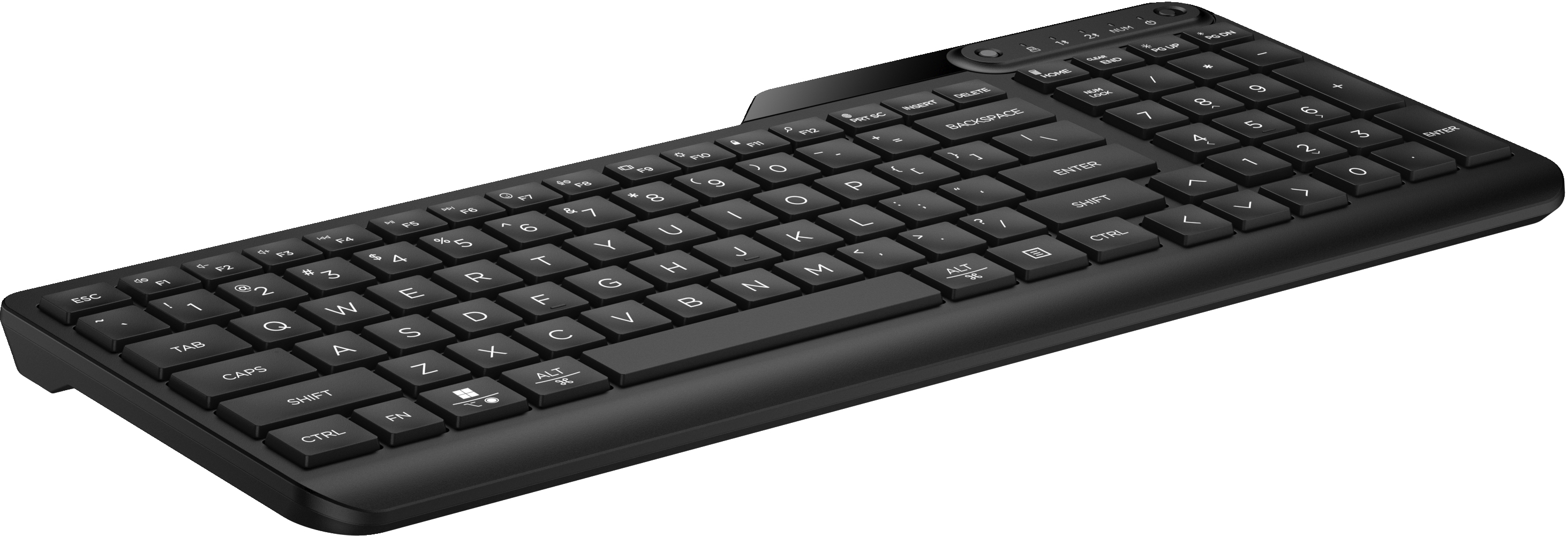 Black keyboard with a numeric keypad. It has black keys and a black frame.