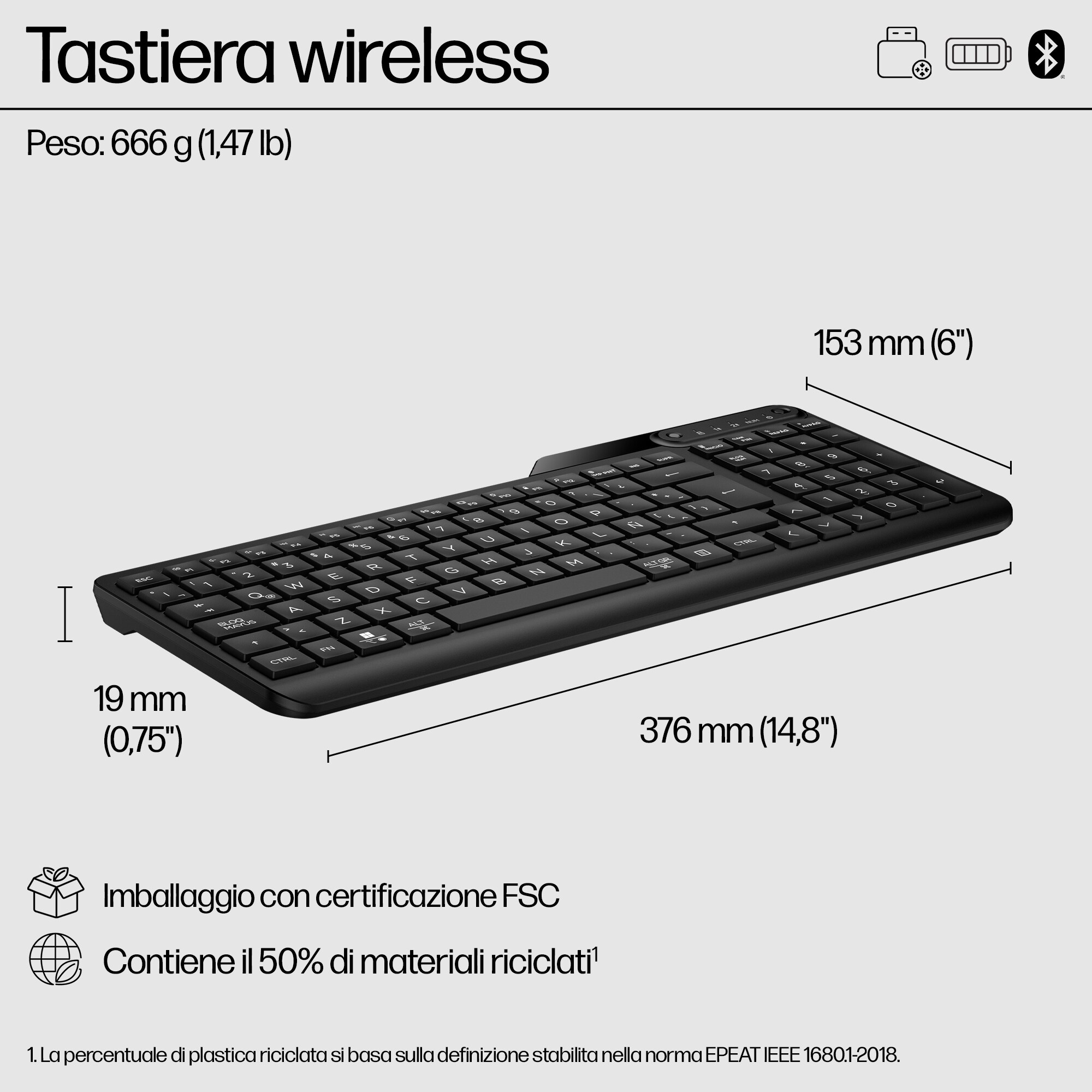 Tastiera wireless nera con dimensioni e informazioni sul riciclo.