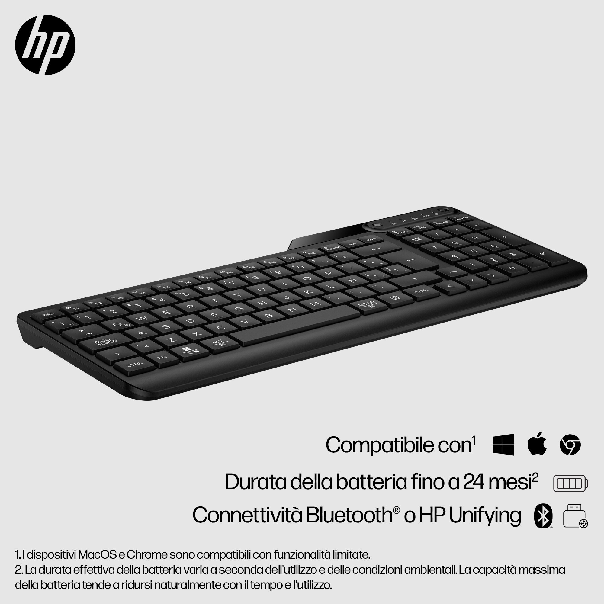 Tastiera HP nera. Il testo sottostante indica la compatibilità con Apple, Chrome e connettività Bluetooth.
