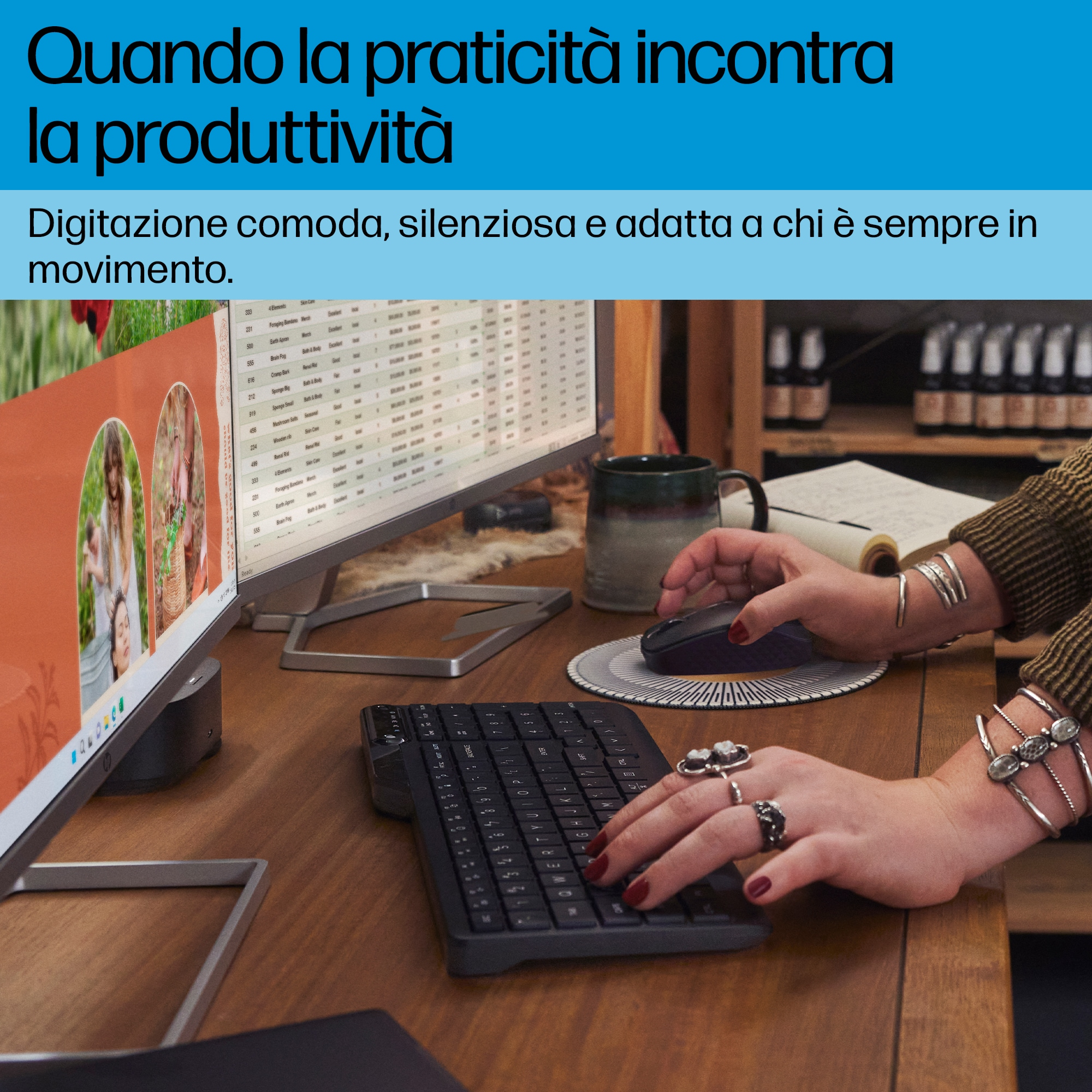 Persona che digita su una tastiera nera. Uno schermo del computer sullo sfondo.
