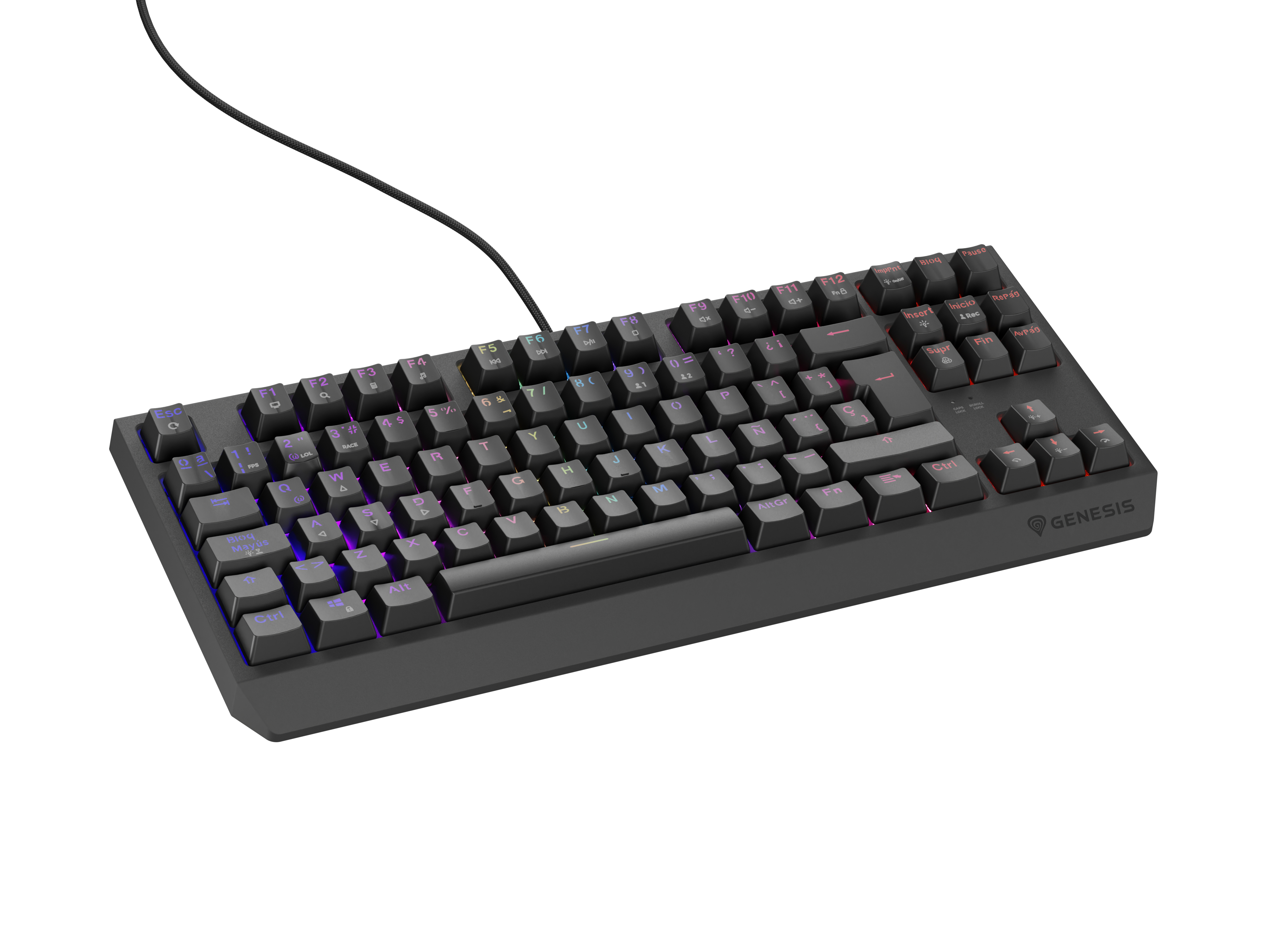 Una tastiera da gioco nera con retroilluminazione dei tasti colorata, isolata su bianco.