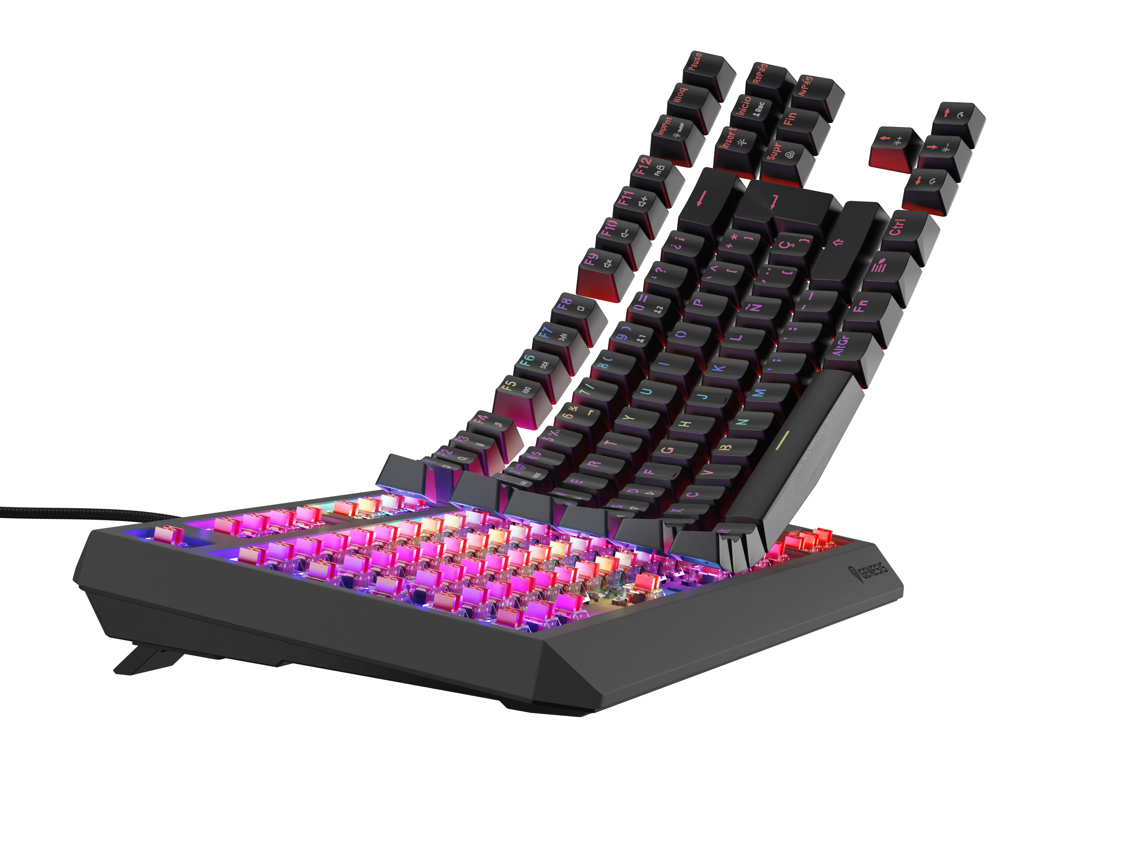 Tastiera gaming ergonomica con design curvo, tasti multicolore, sfondo bianco.