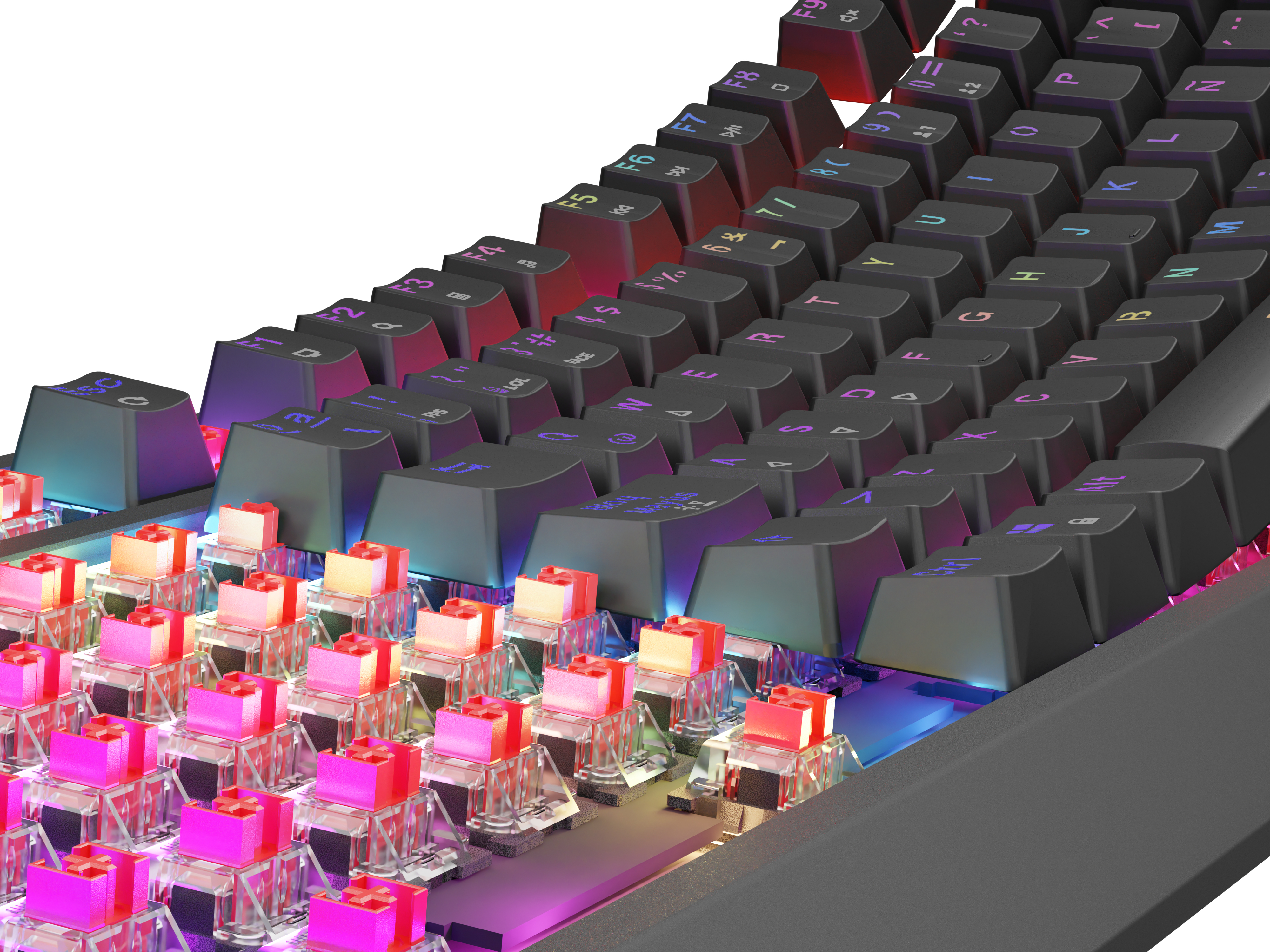 Primo piano di una tastiera meccanica con tasti neri, luci LED multicolore e interruttori esposti.