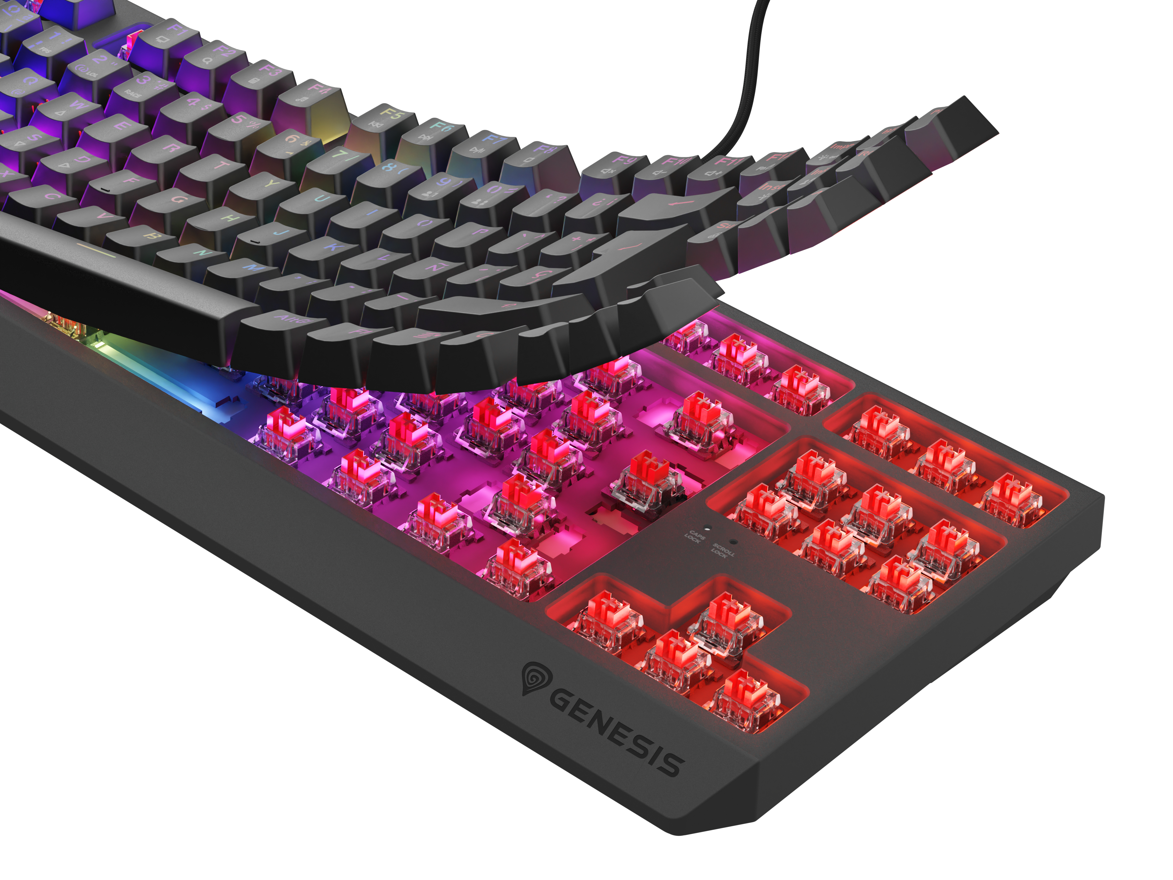 Tastiera gaming con interruttori rossi esposti. Tasti rimossi, che mostrano le parti interne.