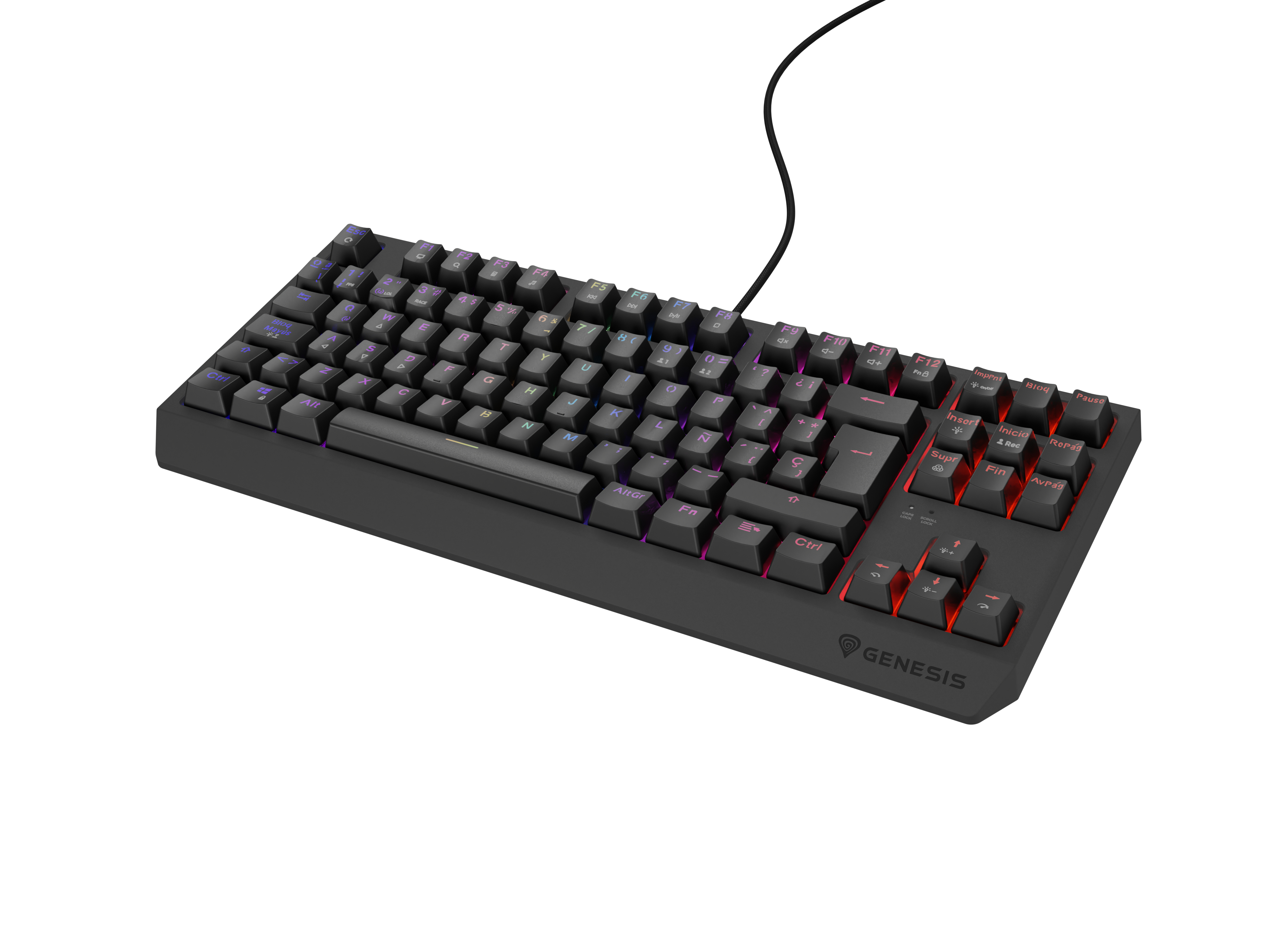 Tastiera gaming nera con tasti retroilluminati colorati. Il logo è in basso.