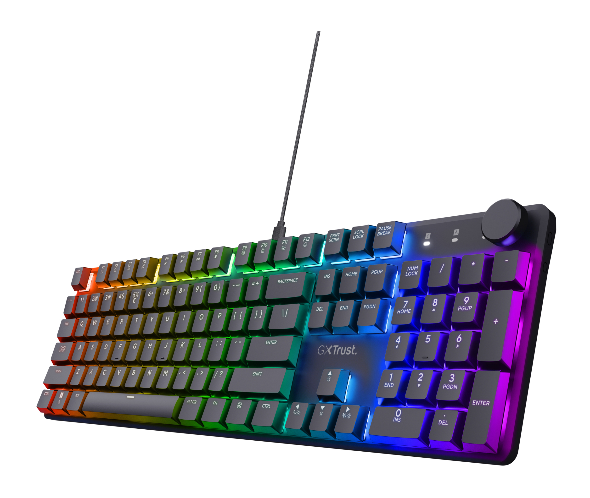 Eine Tastatur in voller Größe mit beleuchteten, regenbogenfarbenen Tasten.