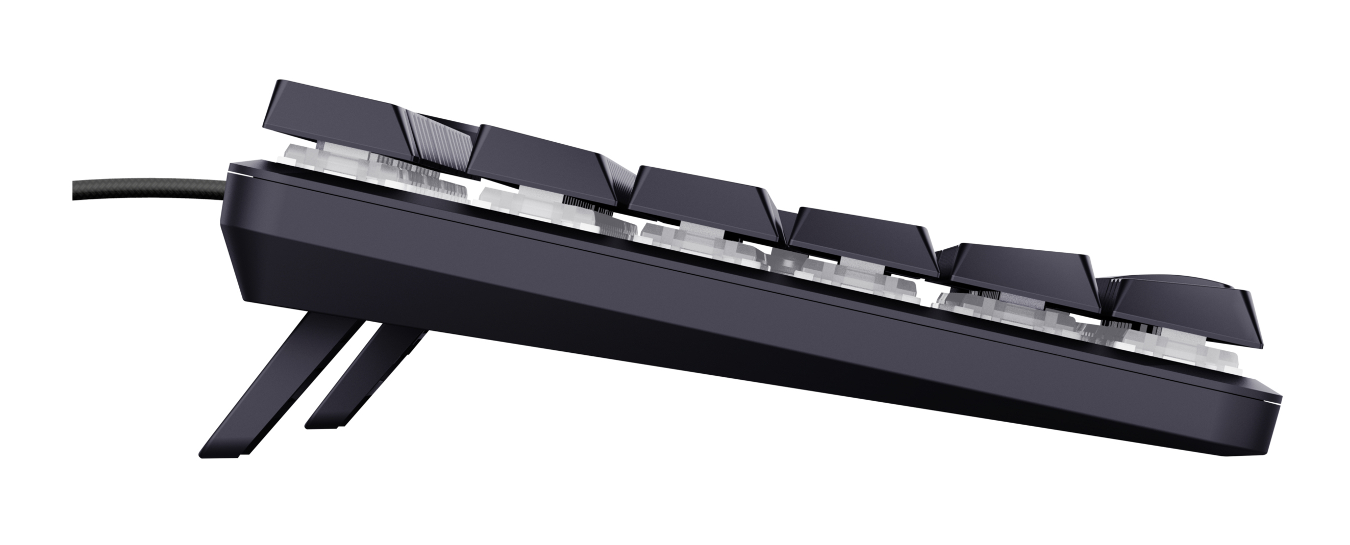 Seitenansicht einer schwarzen Tastatur mit weißen Tasten und erhöhten Stützen.