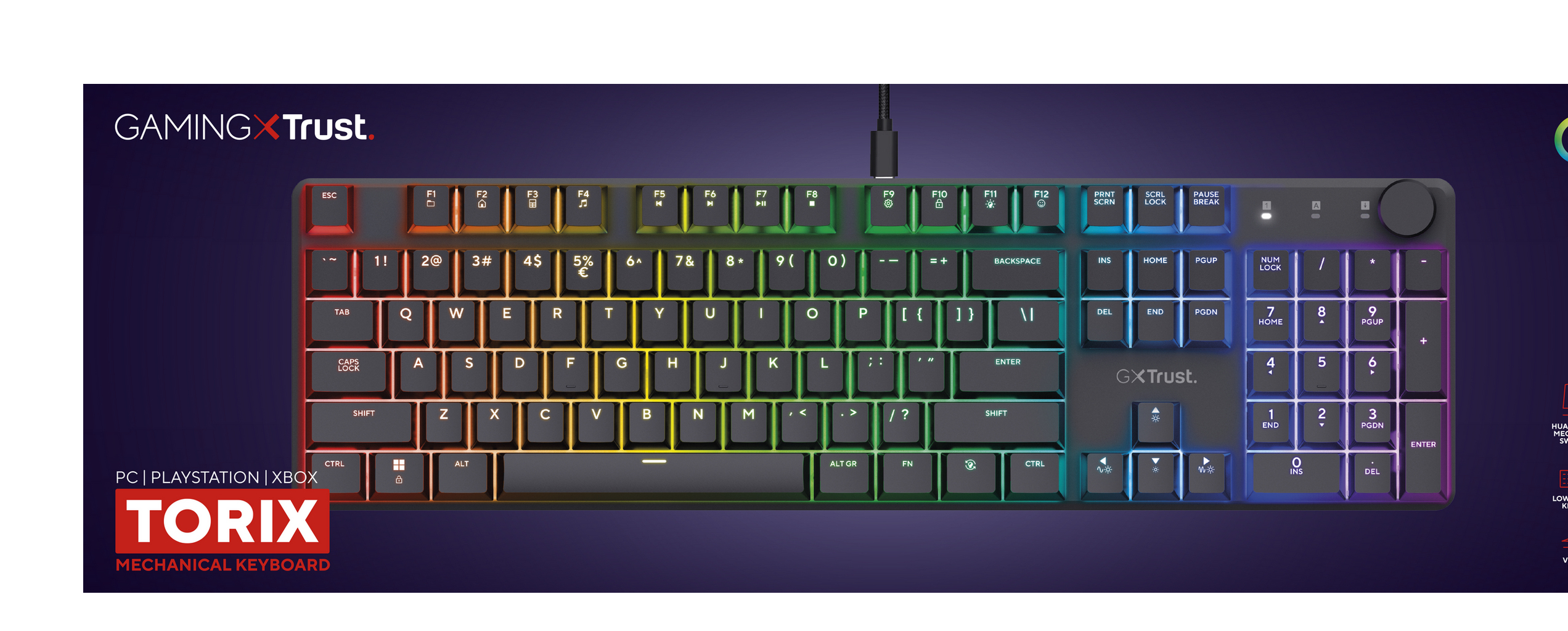 Gaming-Tastatur mit Regenbogenbeleuchtung und schwarzem Design.