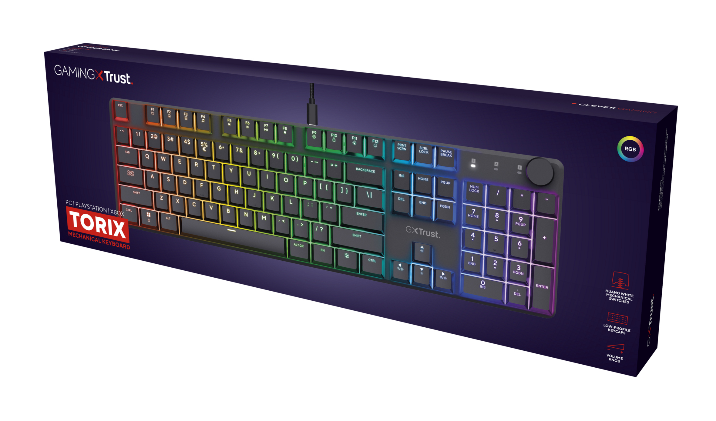 Tastatur in der Box, mit RGB-Beleuchtung, schwarze Tasten. Paket mit 'TORIX' beschriftet.