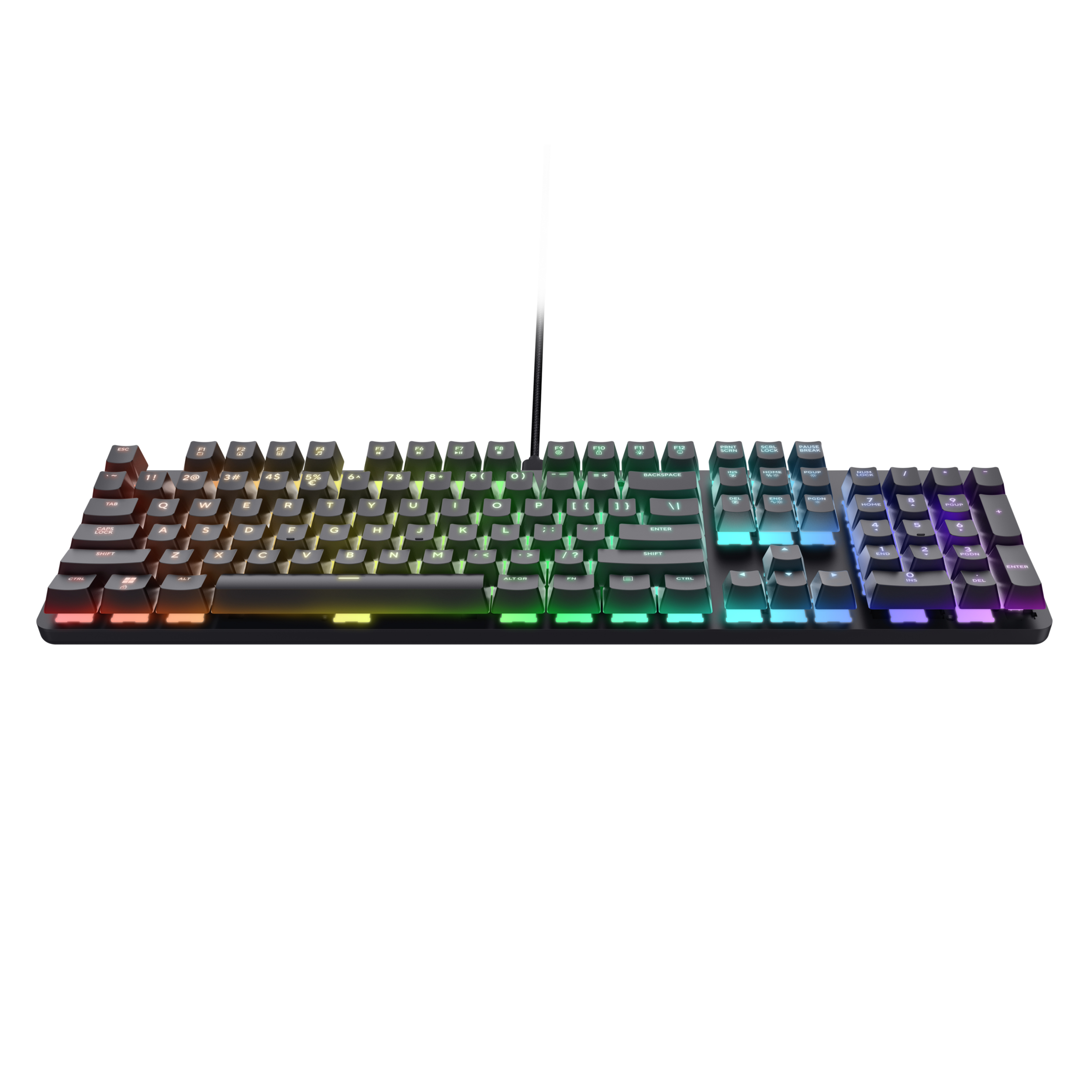 Una tastiera da gioco con illuminazione RGB. I tasti sono neri. Un cavo è collegato. Sfondo bianco.