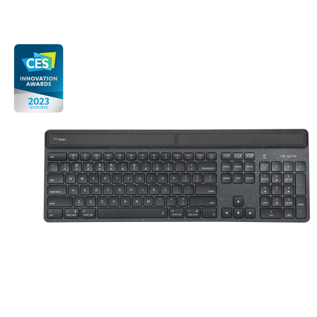 Black keyboard with grey keys and a badge for CES Innovation Awards 2023. White background.