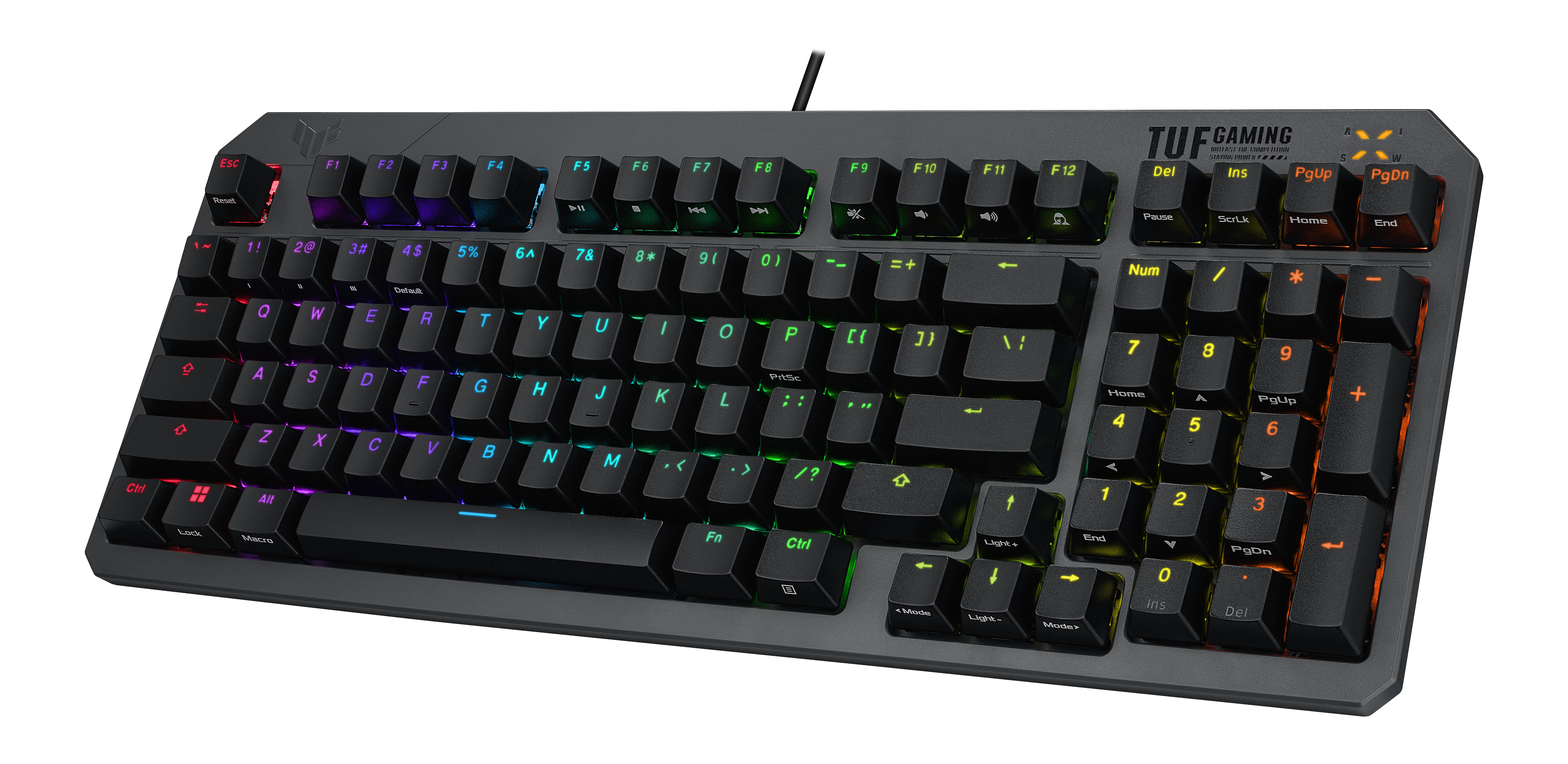 Un teclado completo con teclas de colores. La marca es TUF GAMING. El teclado está en ángulo y sobre un fondo blanco.