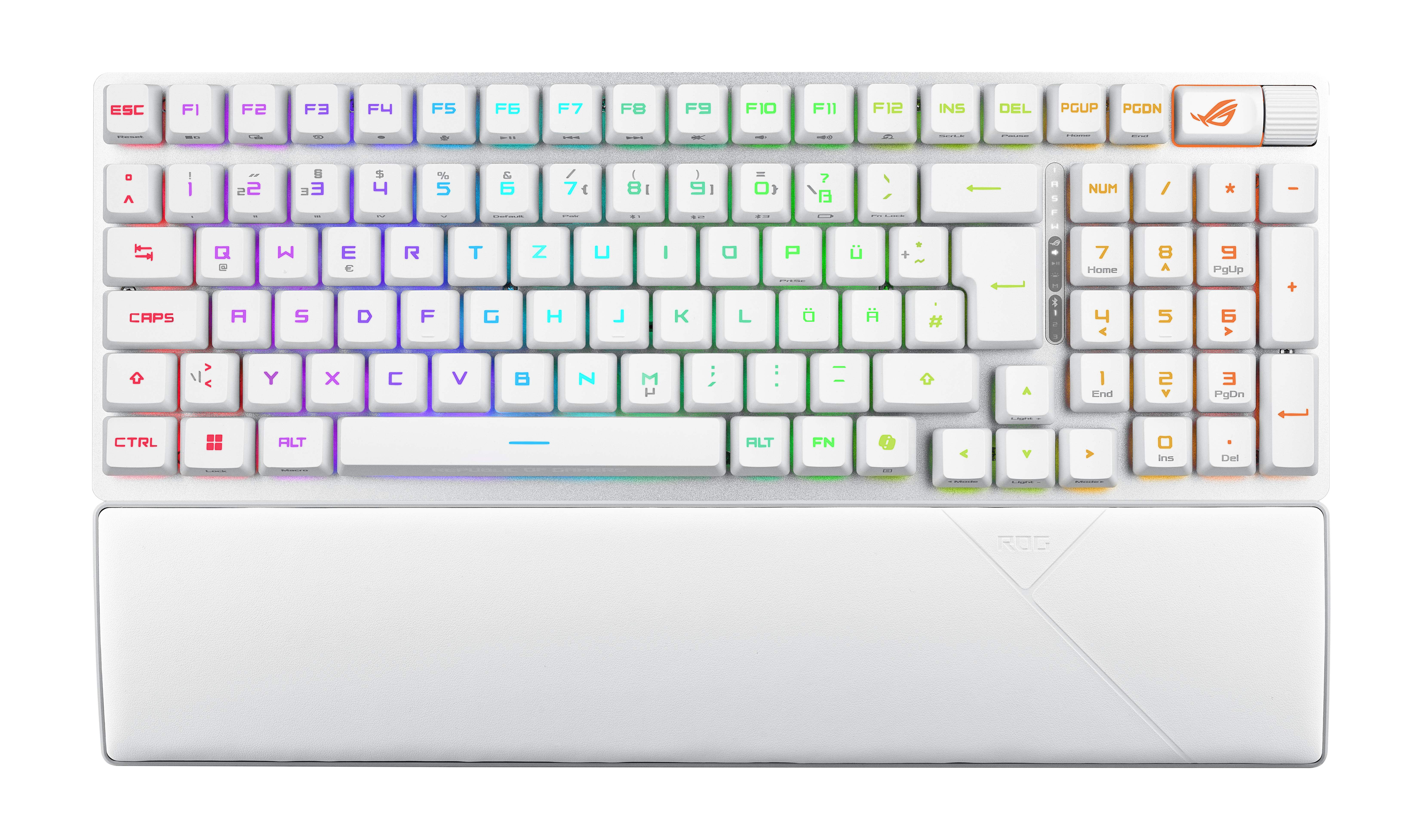 Biała klawiatura gamingowa z podświetlanymi klawiszami i podpórką pod nadgarstek, logo ROG na dole.