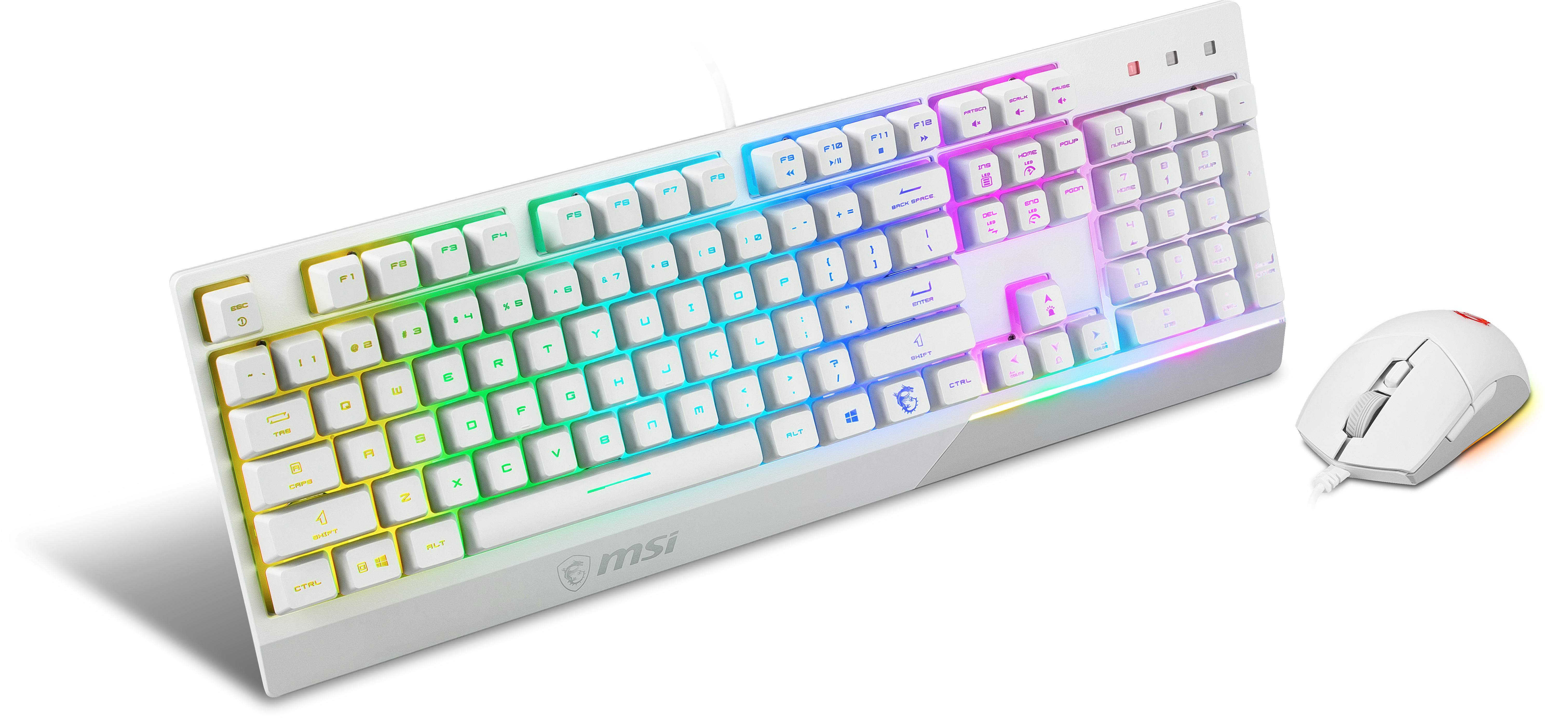 Combo tastiera e mouse MSI bianchi con tasti che cambiano colore.