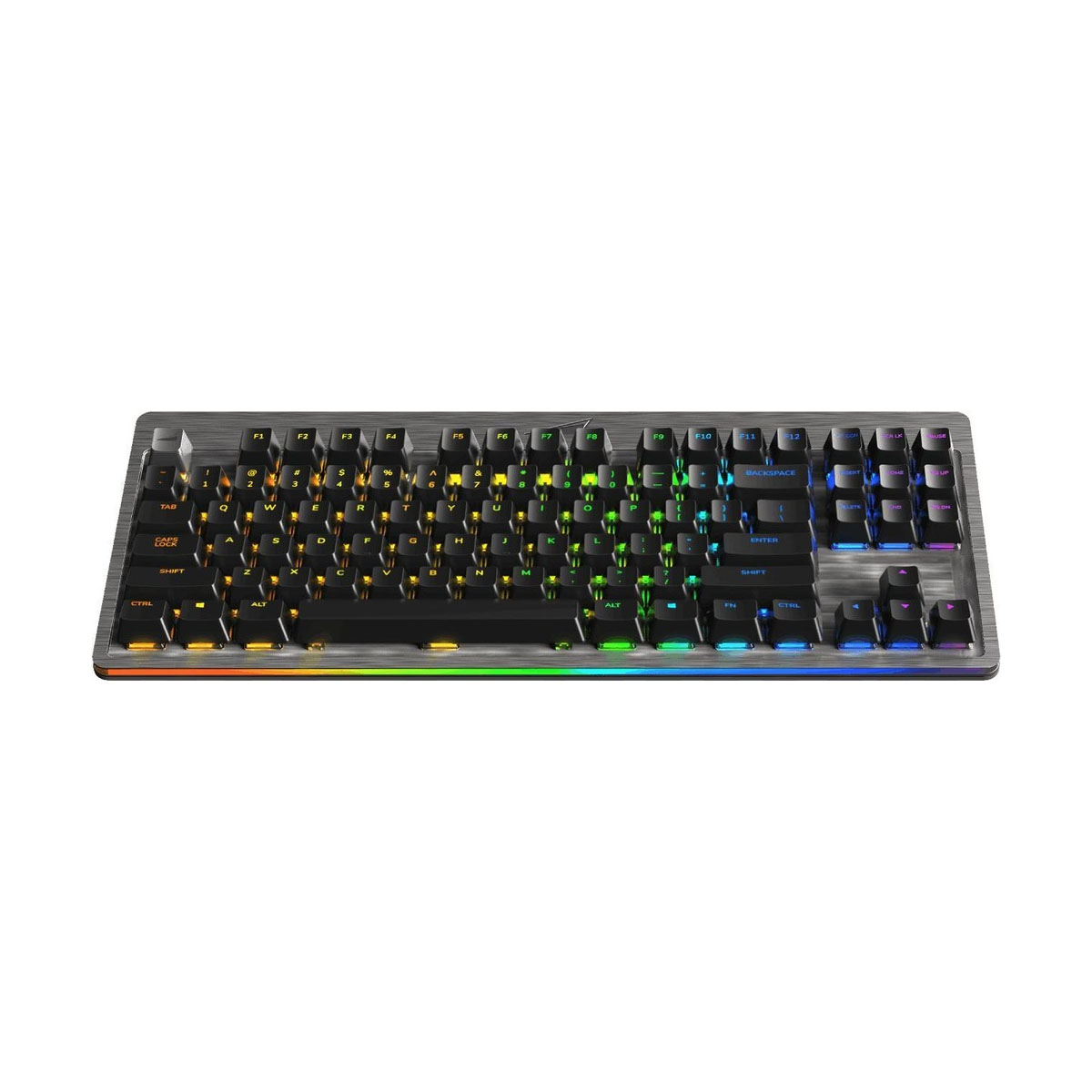 Una tastiera grigio-argento con illuminazione RGB, con più tasti funzione e un design elegante.