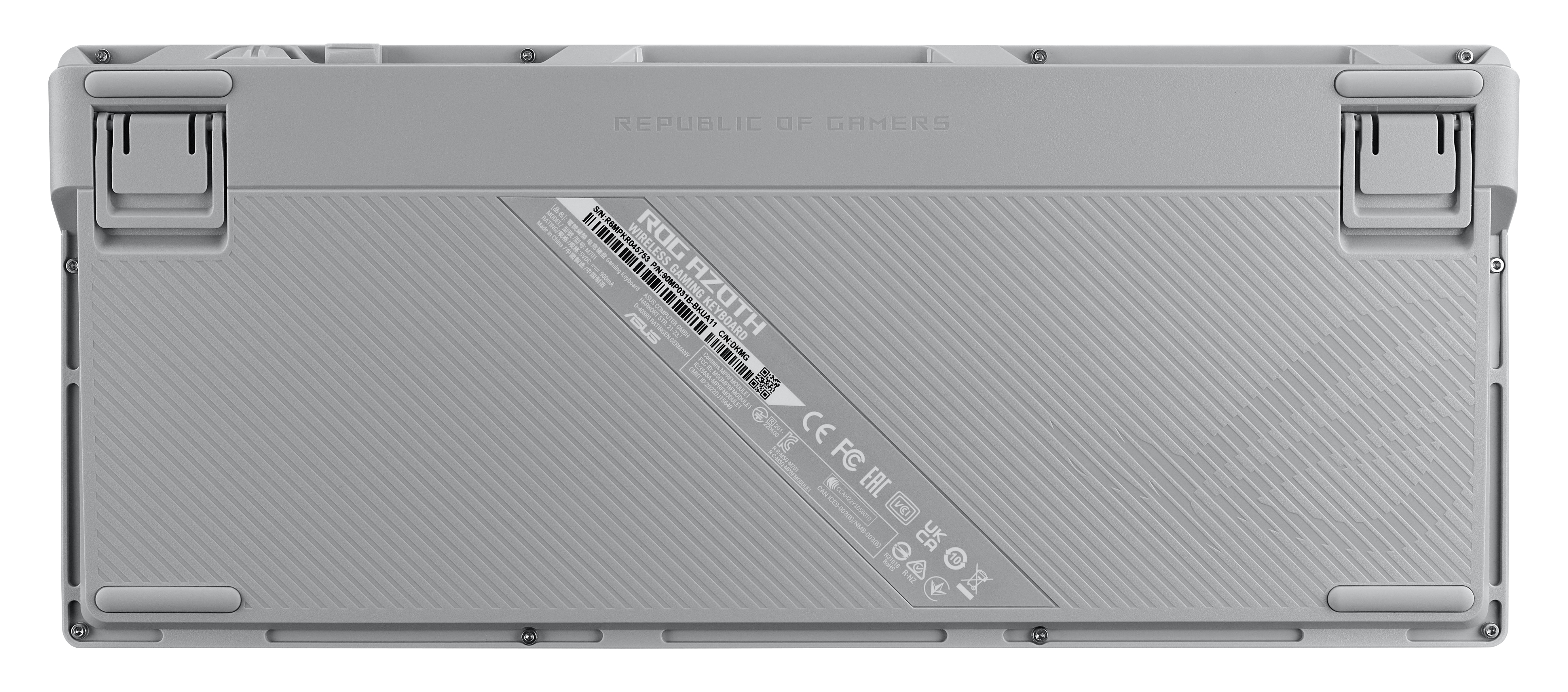 Szara klawiatura ROG Azoth, widok z tyłu, białe tło.