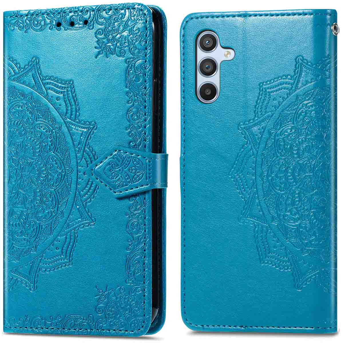 Een blauwe telefoonhoes met een mandala ontwerp, open om de binnenkant van de telefoon te laten zien.