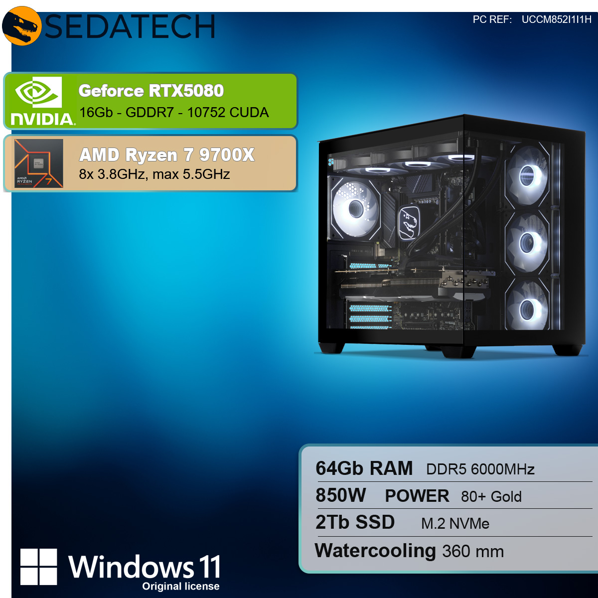 Configurazione computer con dettagli scheda grafica, processore e RAM. Include logo Windows 11.