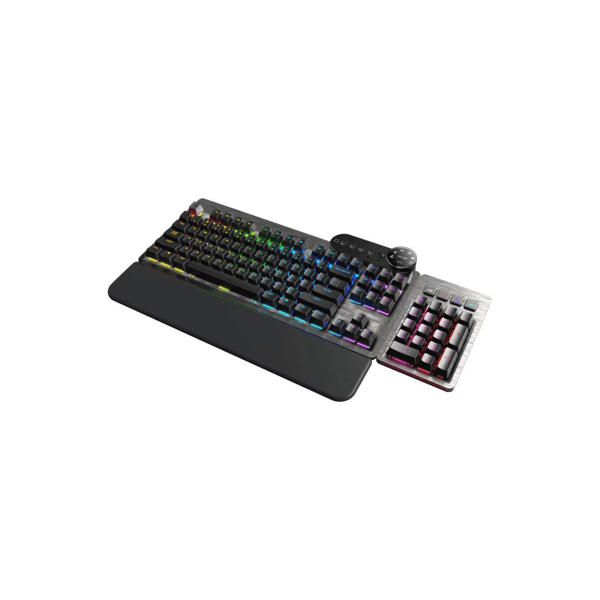 Tastiera gaming con illuminazione RGB, tastierino numerico e poggiapolsi, nero e argento.
