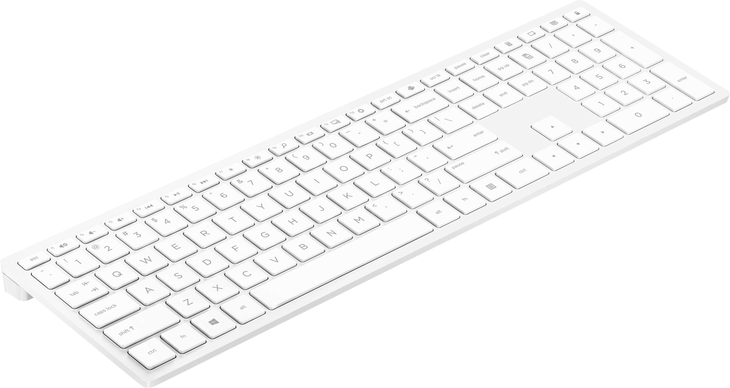 White, wireless keyboard. Keys are labeled with letters, numbers, and symbols. It is angled towards the top.