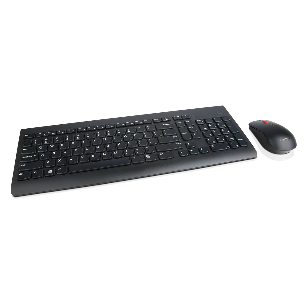 Tastiera nera e mouse rosso, un set combinato, con lettere e simboli bianchi.