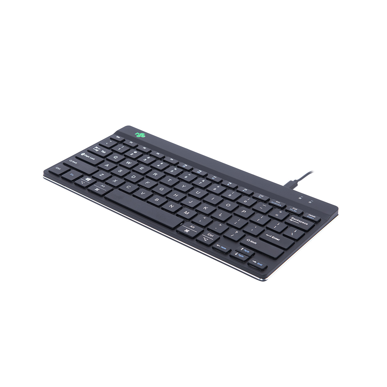 Teclado negro, con logo verde, y un ratón negro sobre una mesa de madera.