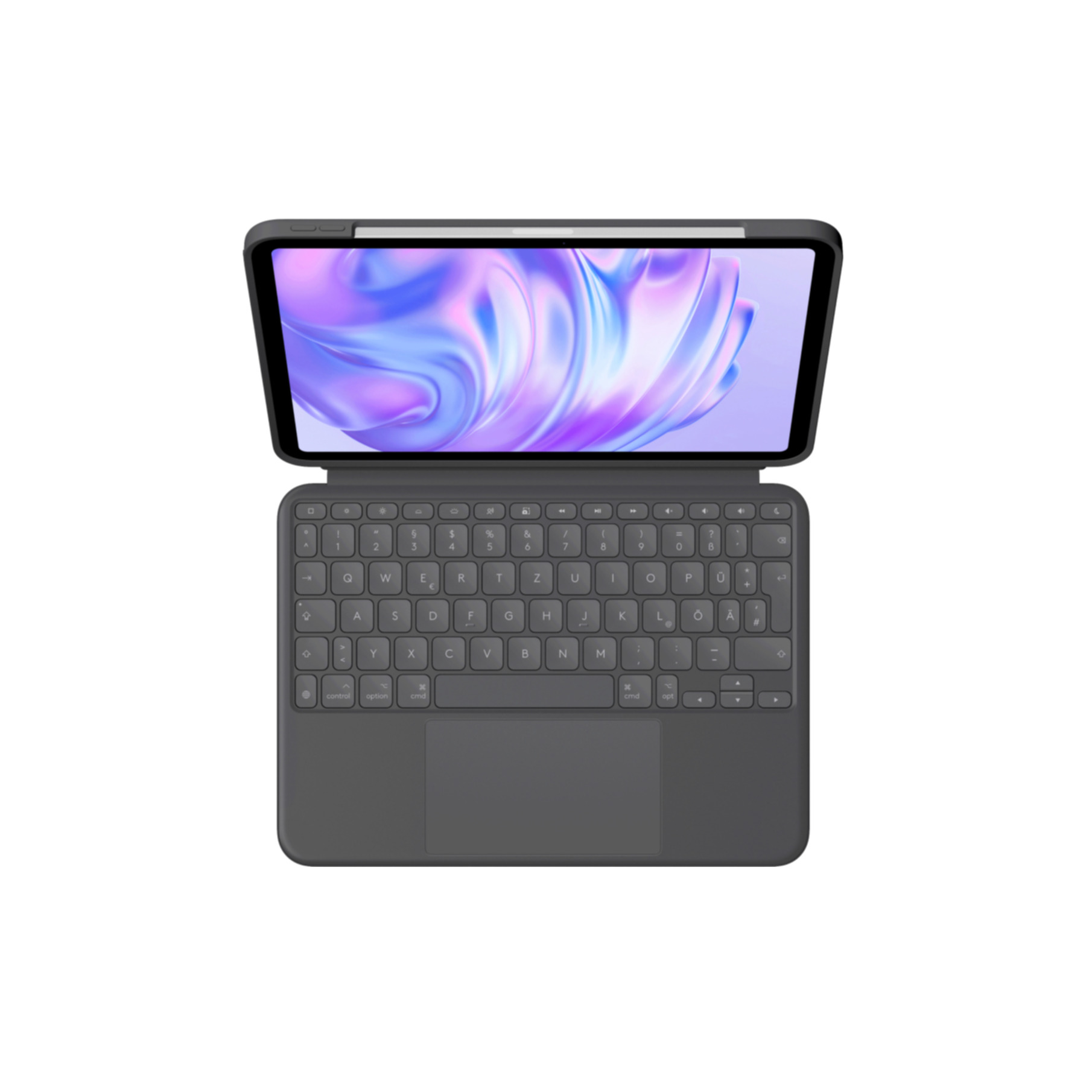 Tastiera scura e un tablet, il tablet è aperto, che mostra un'immagine colorata.