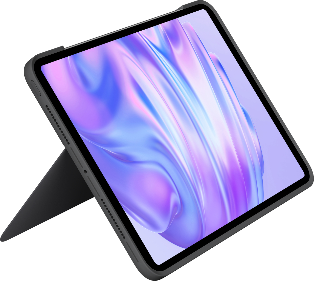Tablet con tastiera e supporto. Lo schermo mostra uno sfondo astratto colorato.