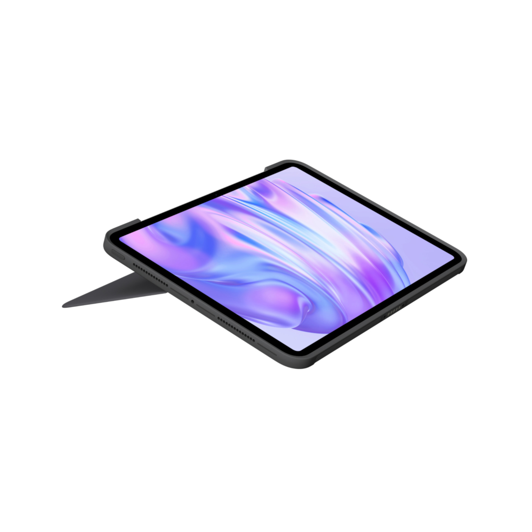 Tablet in custodia nera, appoggiato. Sfondo bianco.