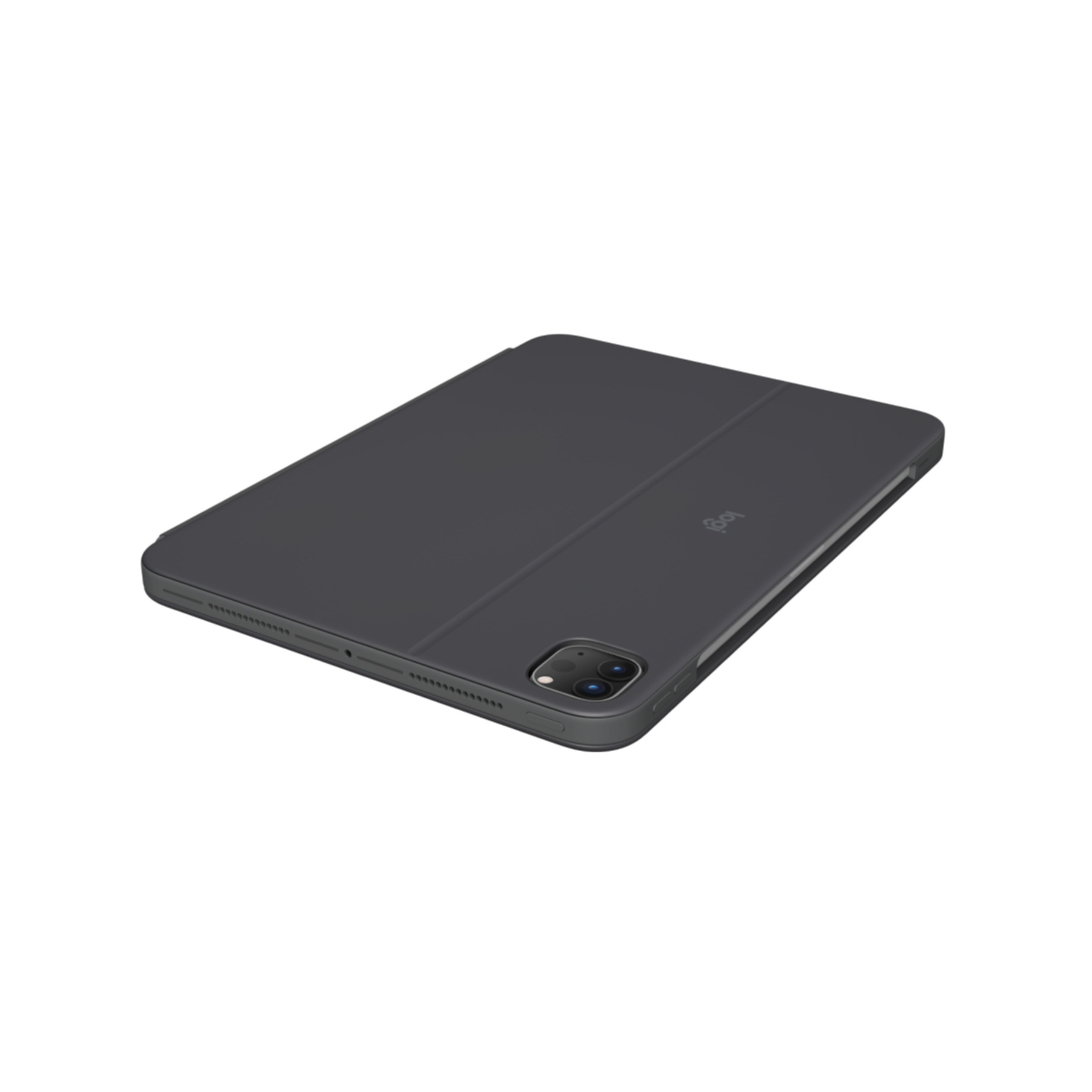 Una custodia per tablet, chiusa, di colore grigio scuro. Il logo Apple è visibile.